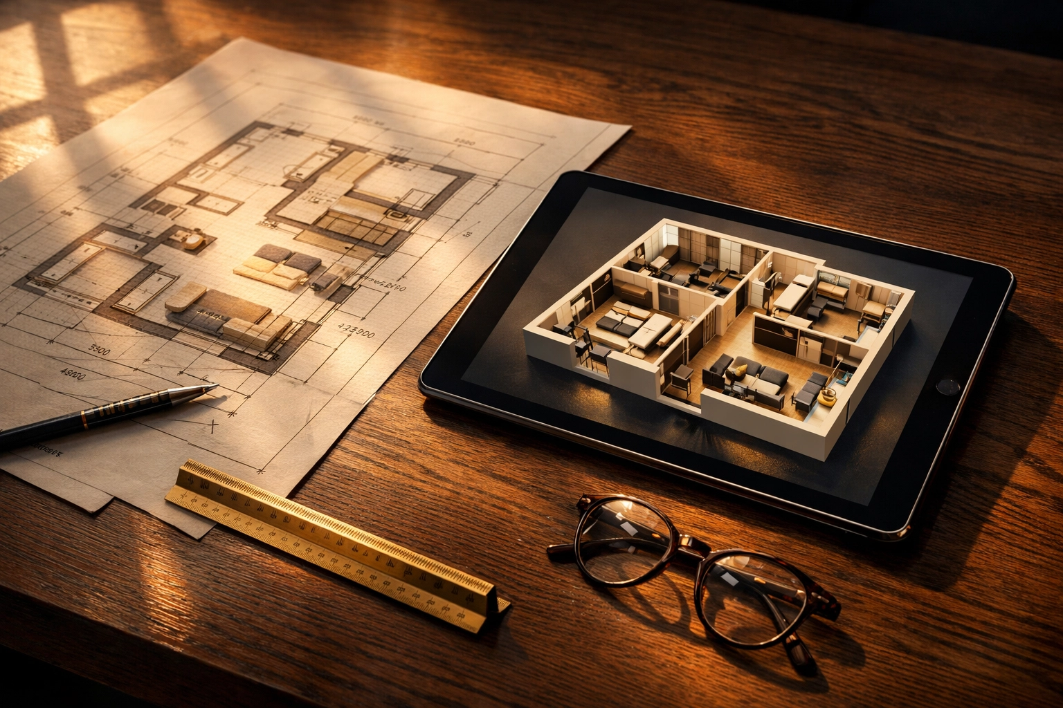 Detailed architectural plans and digital floor plans for a West Sussex home renovation.