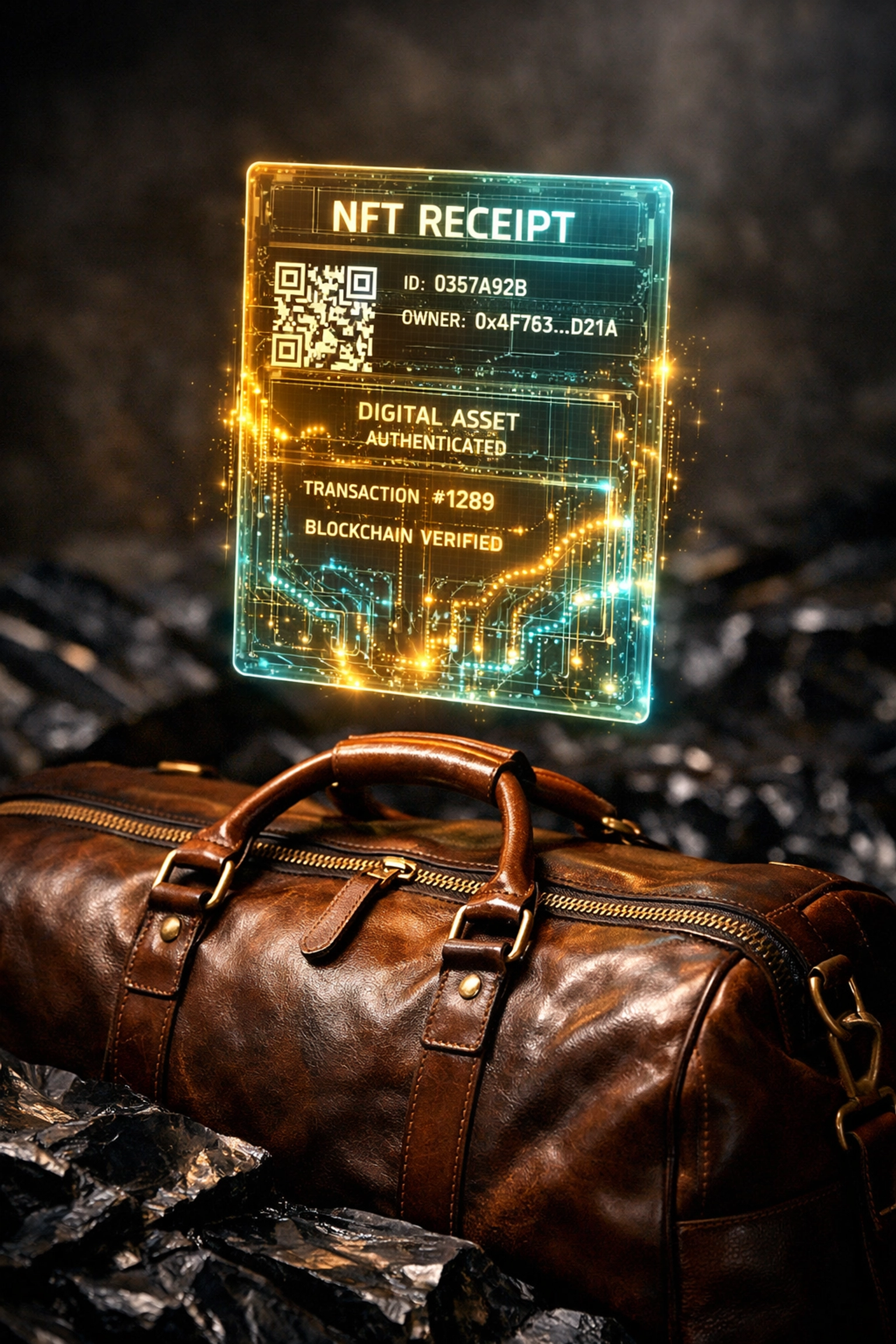 Holographic NFT receipt representing a secure digital proof of purchase for physical retail goods.