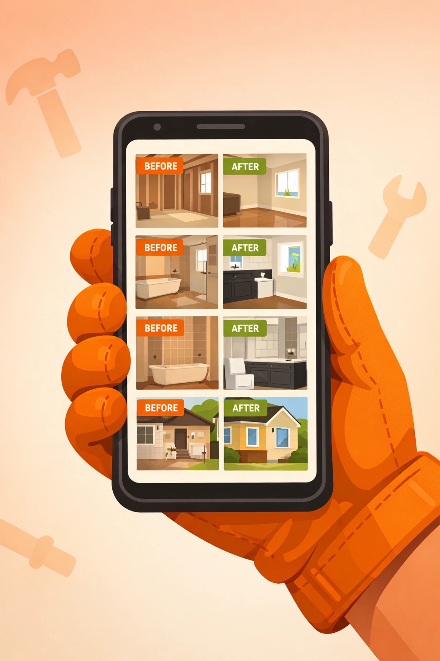 Contractor using mobile phone to document construction work with before and after photos