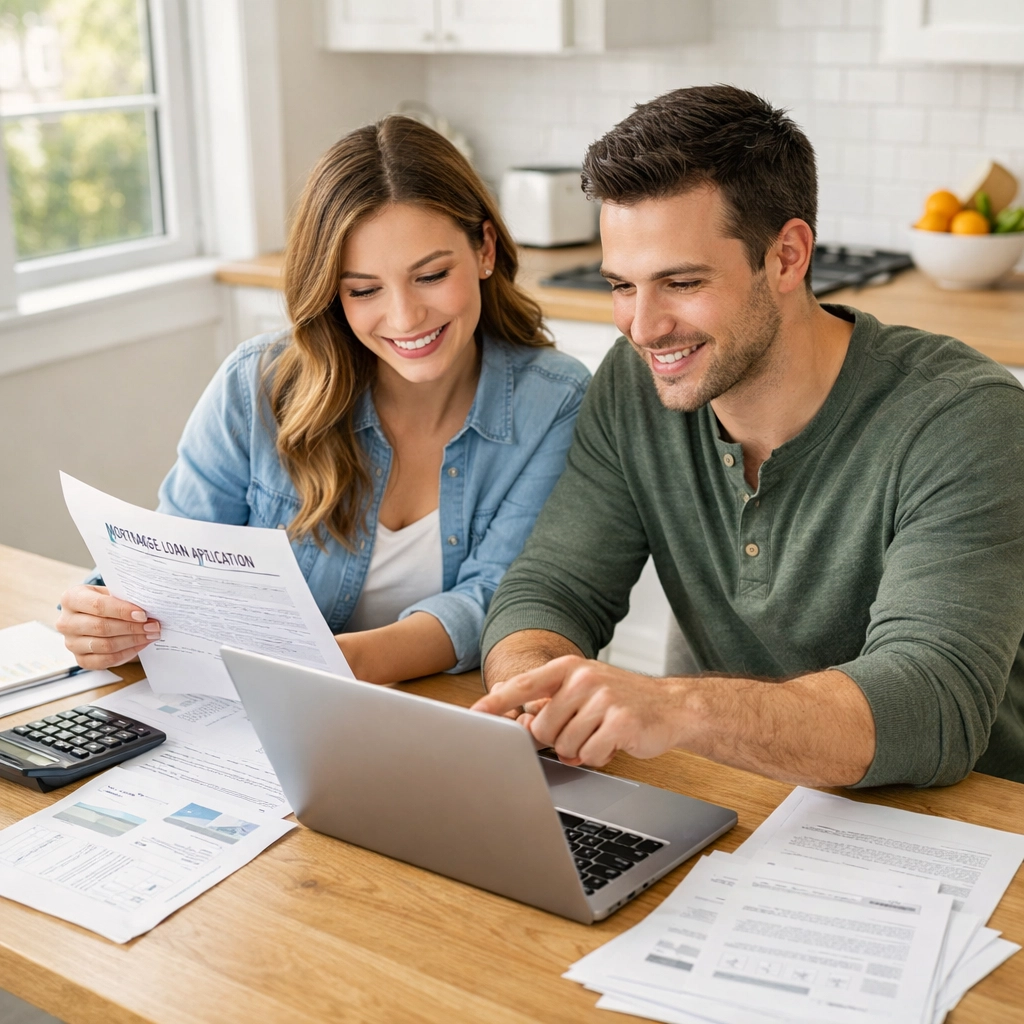 Couple reviewing mortgage pre-approval documents for home purchase