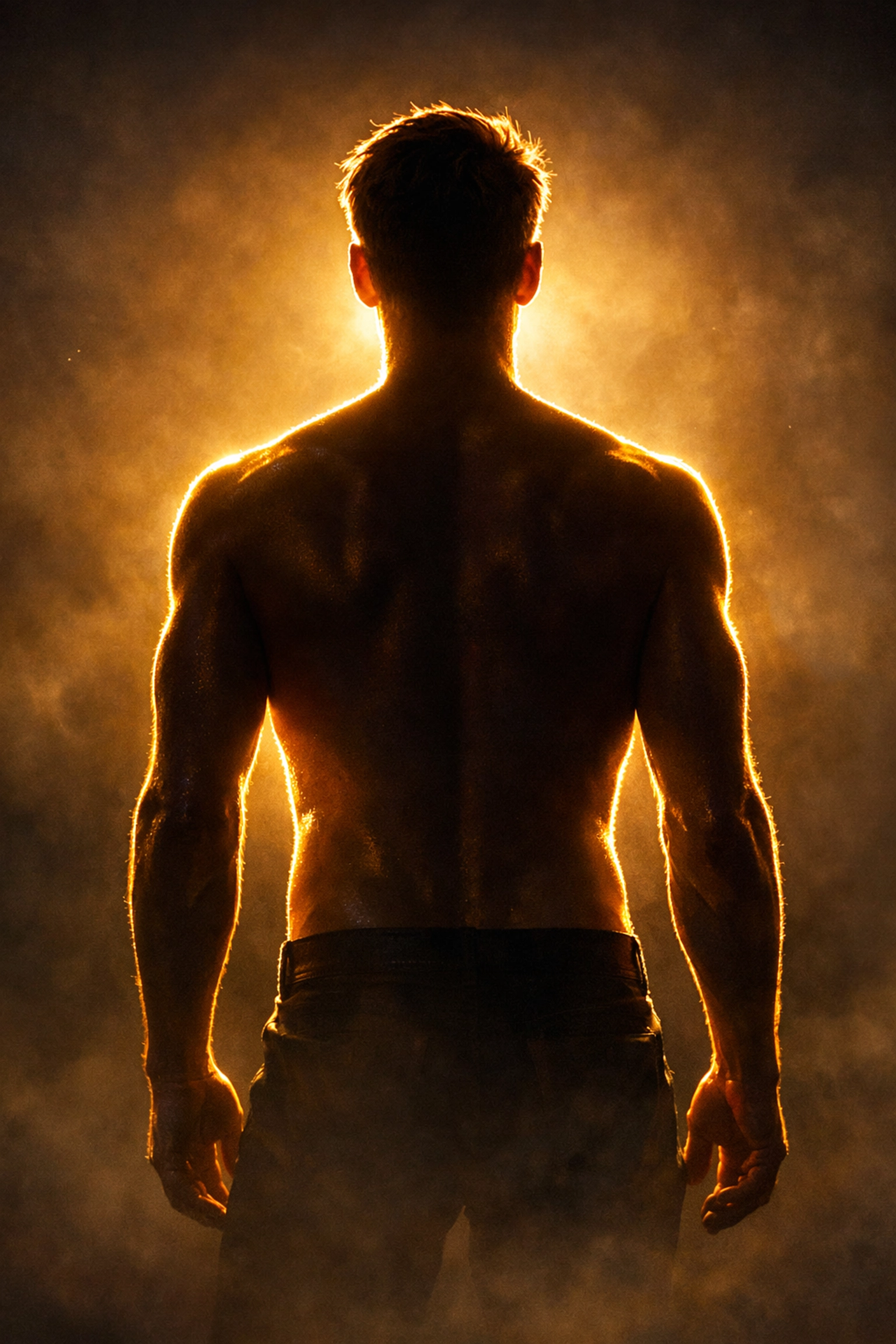 Golden rim lighting highlighting a man's silhouette, capturing the aesthetic of gay romance books.
