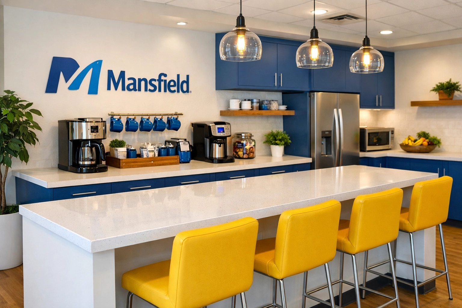 Clean and inviting modern office breakroom in Mansfield showing a high-standard workspace environment.
