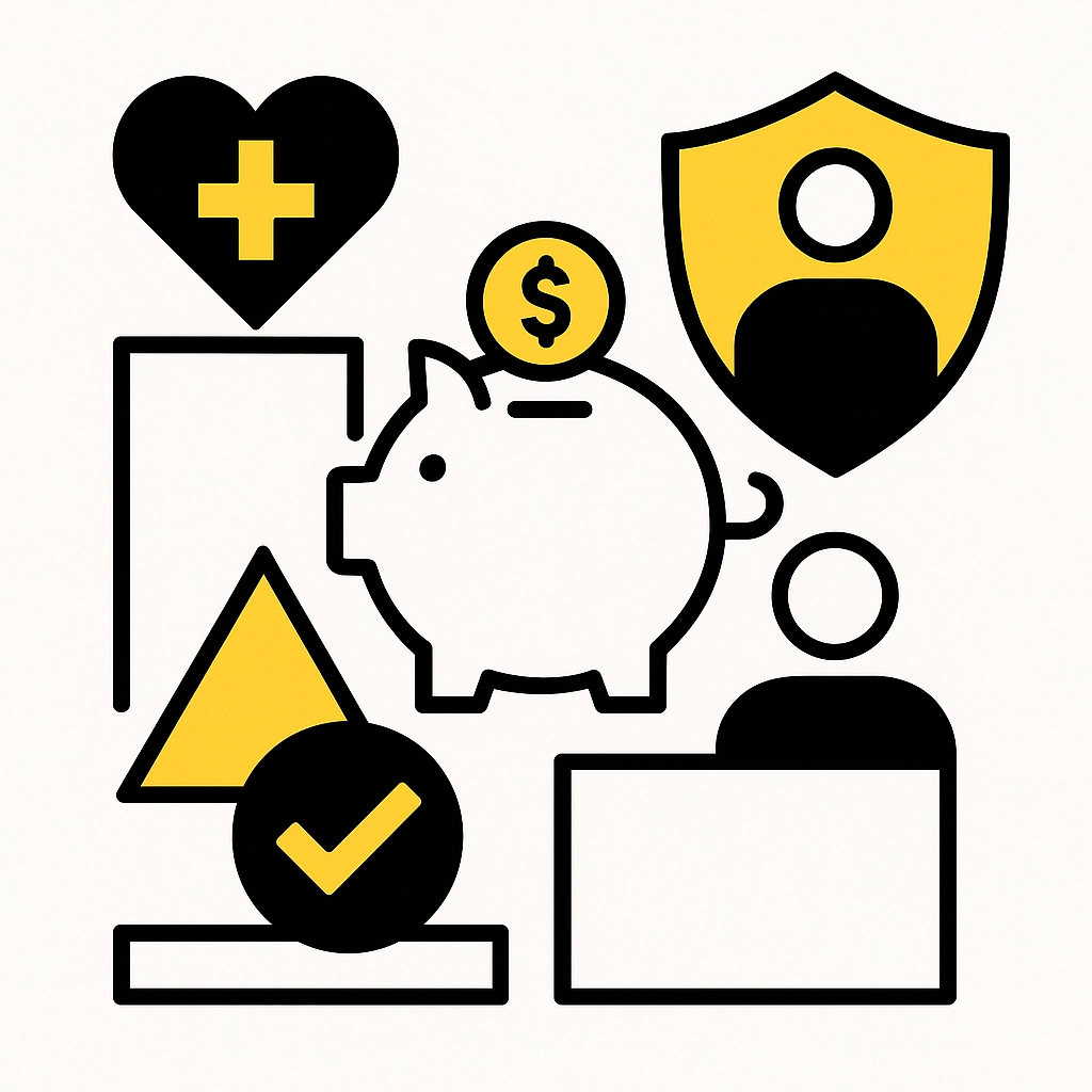 Stylized icons: piggy bank with coin, heart with a cross, shield, and checkmark in black and yellow on a white background.