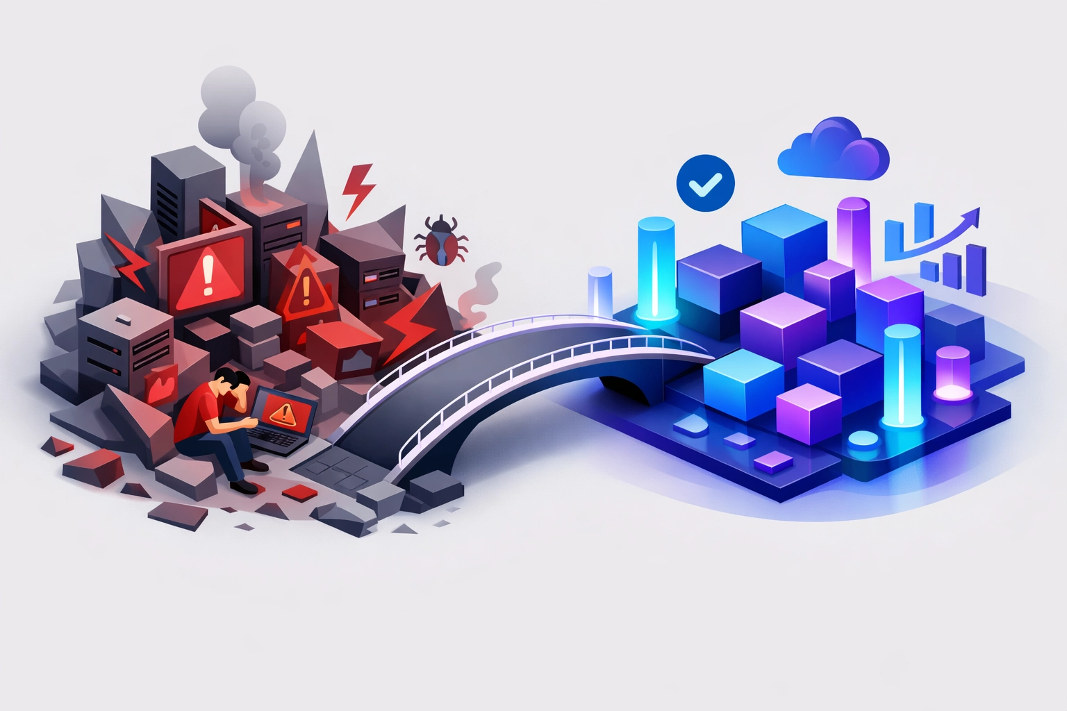 Digital illustration representing the shift from IT system chaos to organized, stable managed IT services.