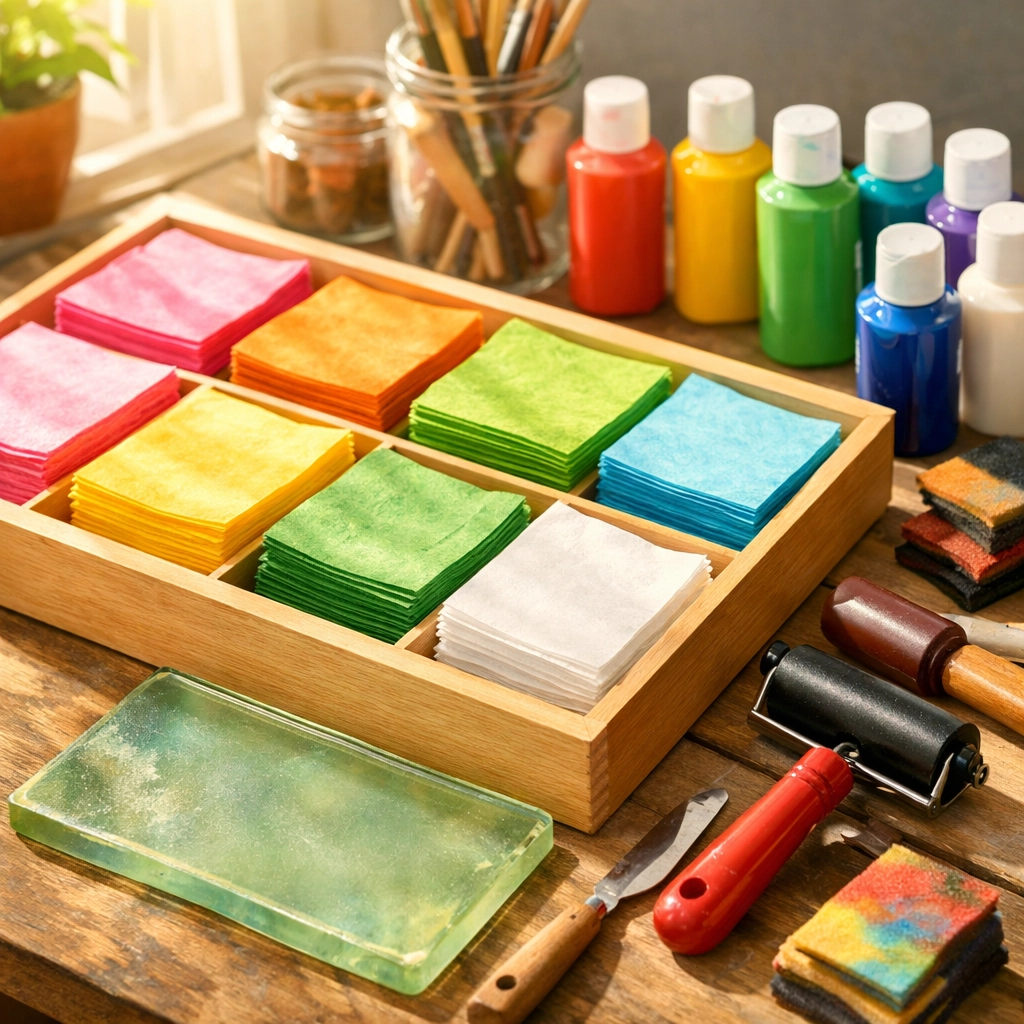 Organised gel printing workspace with pre-cut wet strength tissue and art supplies