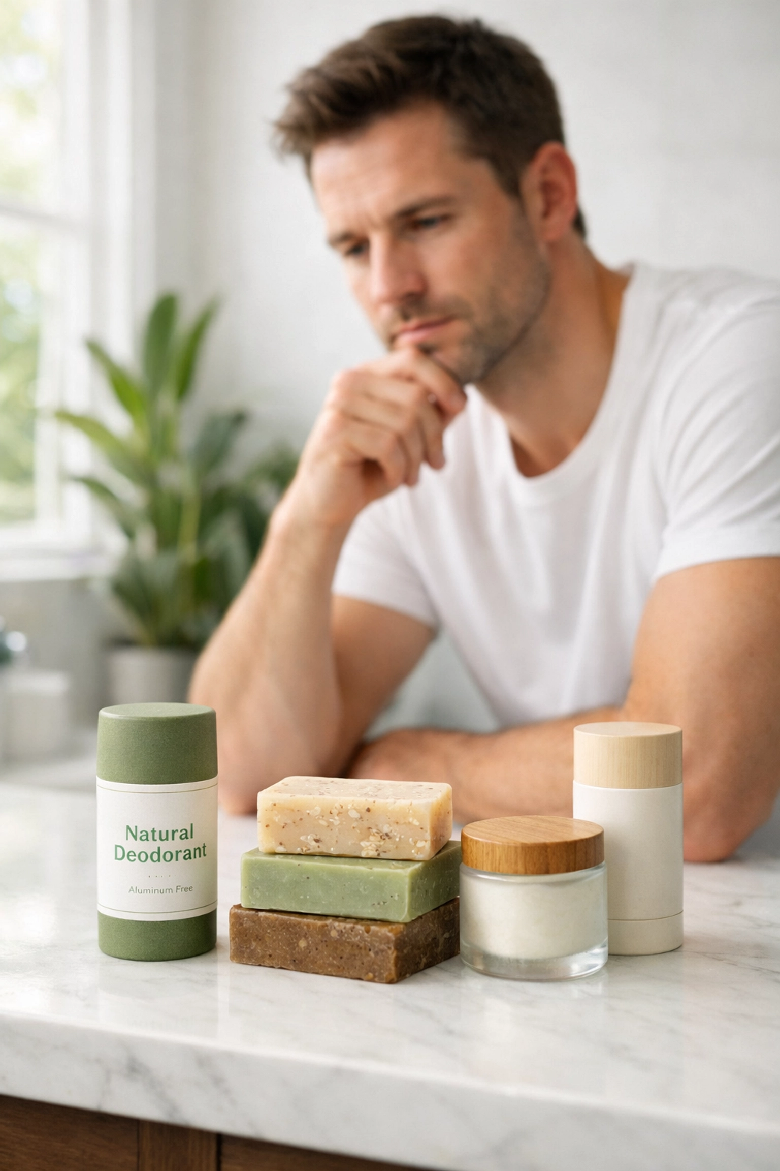 Man examining natural alternatives to Dr. Squatch soap and deodorant on bathroom counter