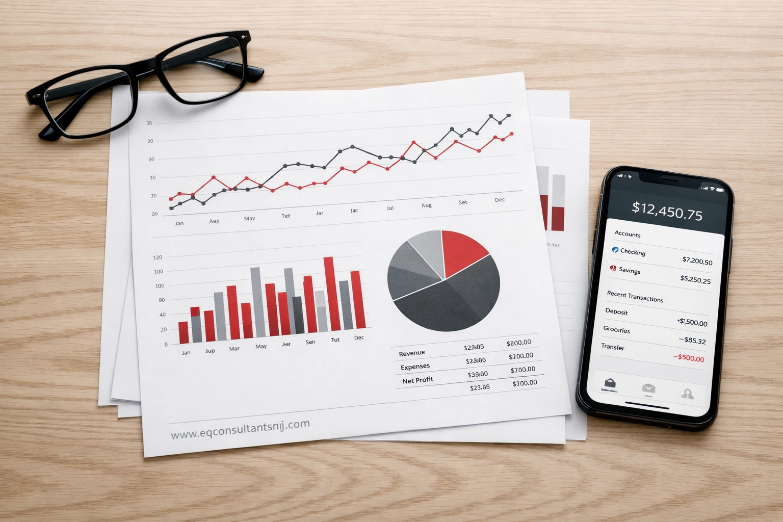 Accurate financial charts and mobile app illustrating professional bookkeeping cleanup services NJ.