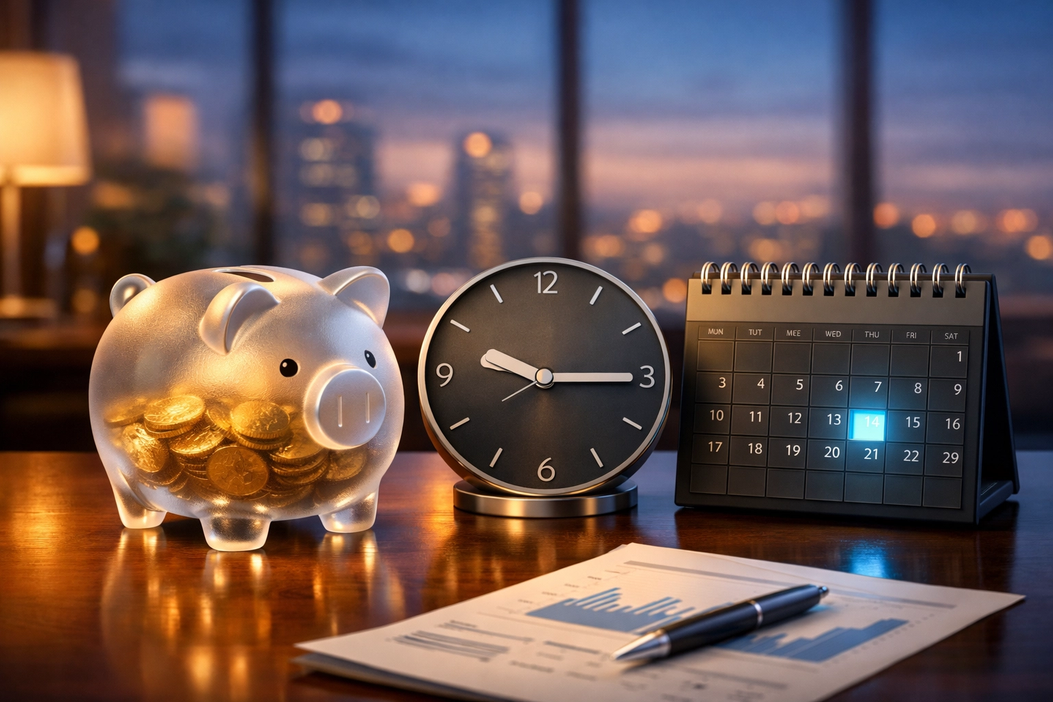 Saving for quarterly estimated tax payments as part of tax deductions for freelancers using a piggy bank and calendar to represent IRS deadlines.