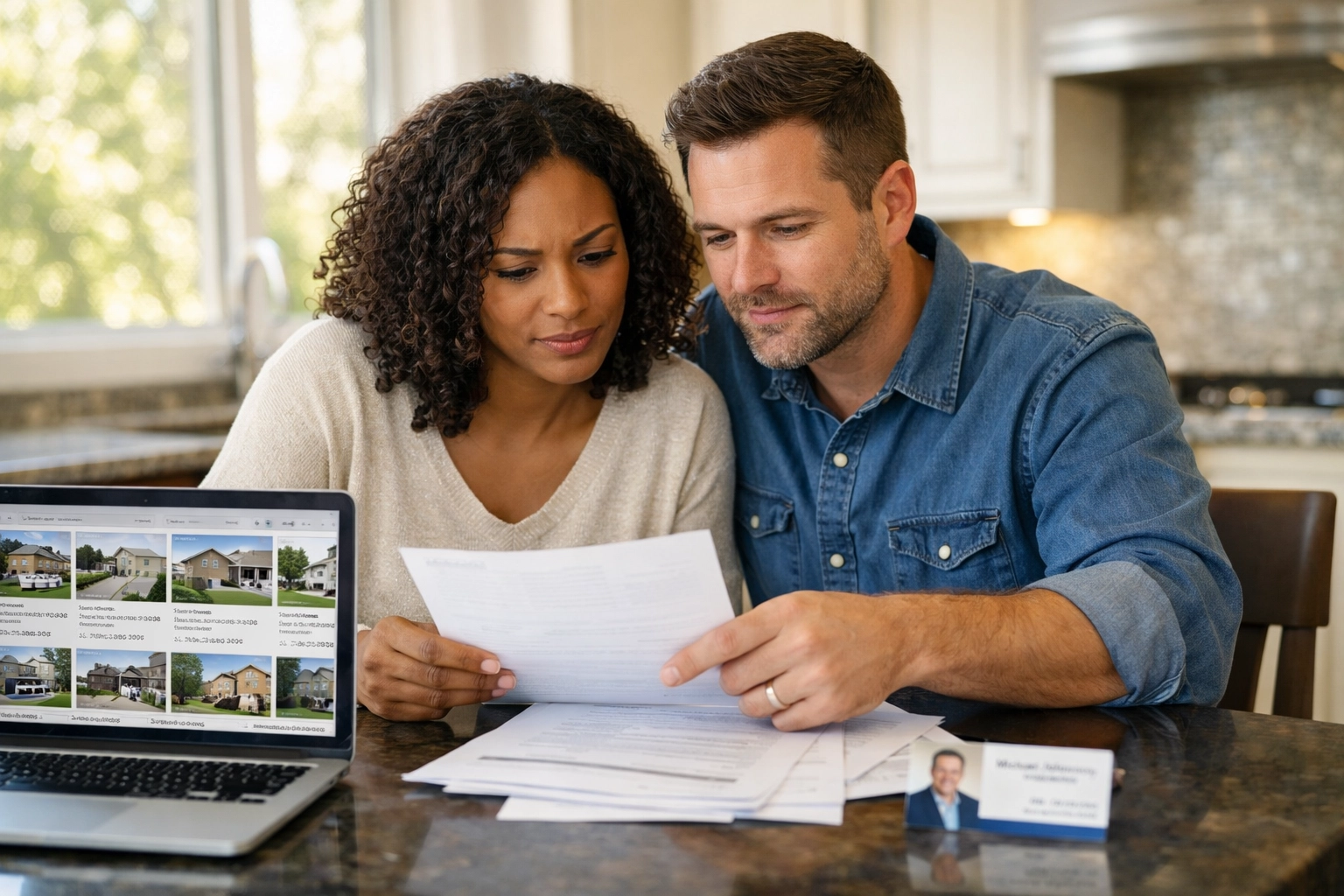 Homeowners reviewing low appraisal documents in Triad NC kitchen Homeowners reviewing low appraisal documents in Triad NC kitchen