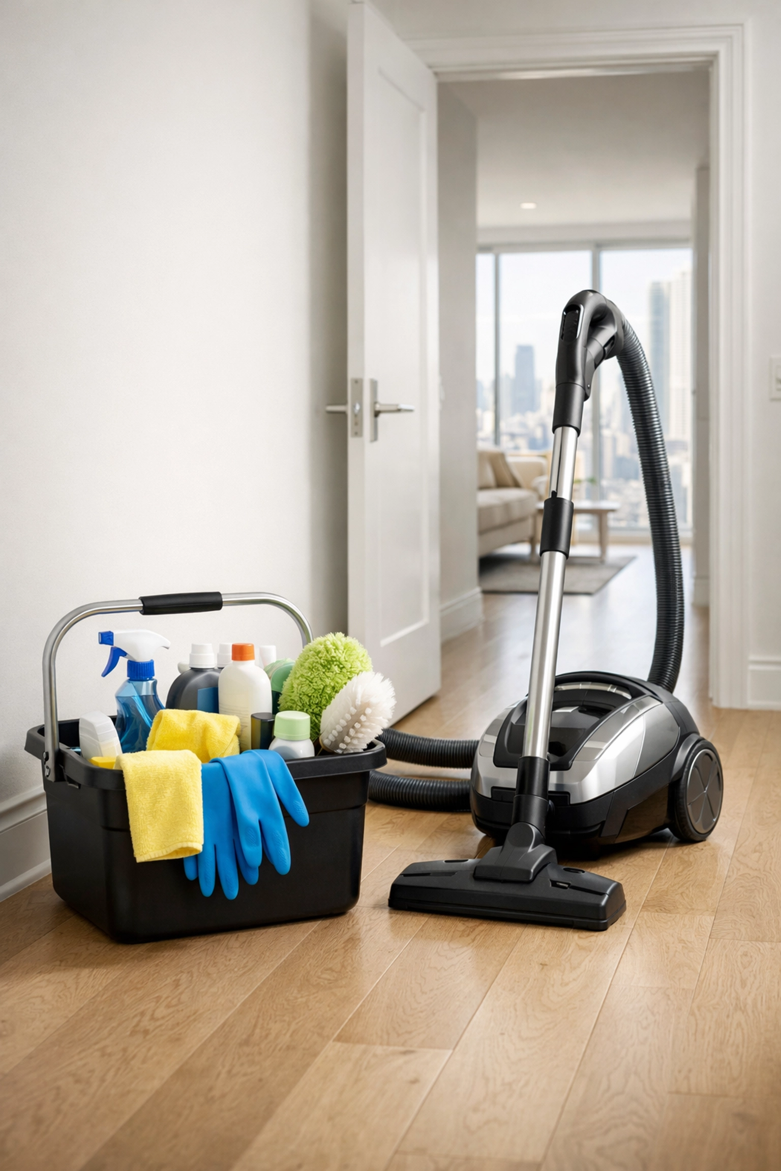 Professional cleaning supplies staged for a Chicago high-rise apartment turnover and make-ready.