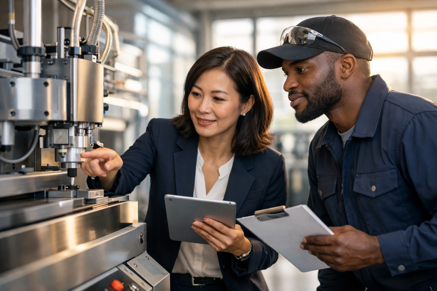 Small business owners inspecting new equipment eligible for Section 179 tax deductions.