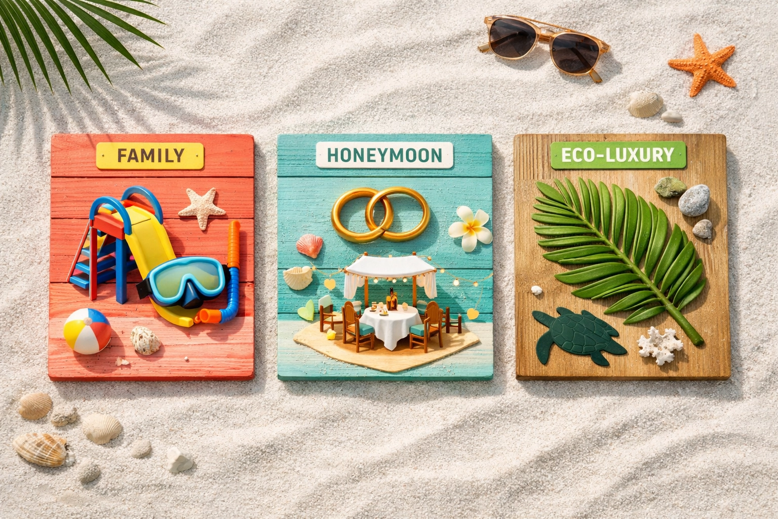 Visual guide to Maldives luxury resorts themes for families, honeymoons, and eco-travel.