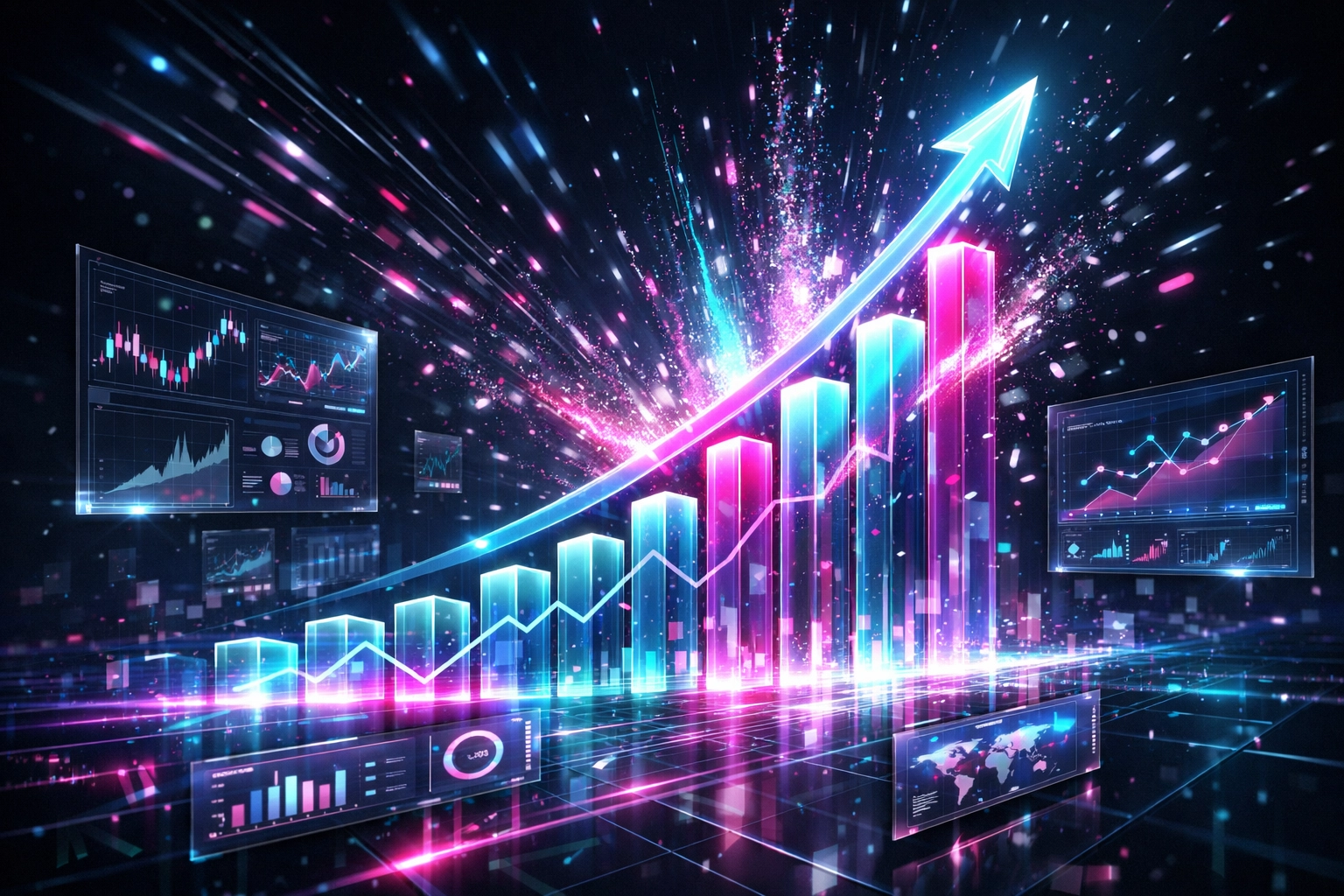 Holographic financial growth charts and AI dashboards visualizing revenue acceleration.