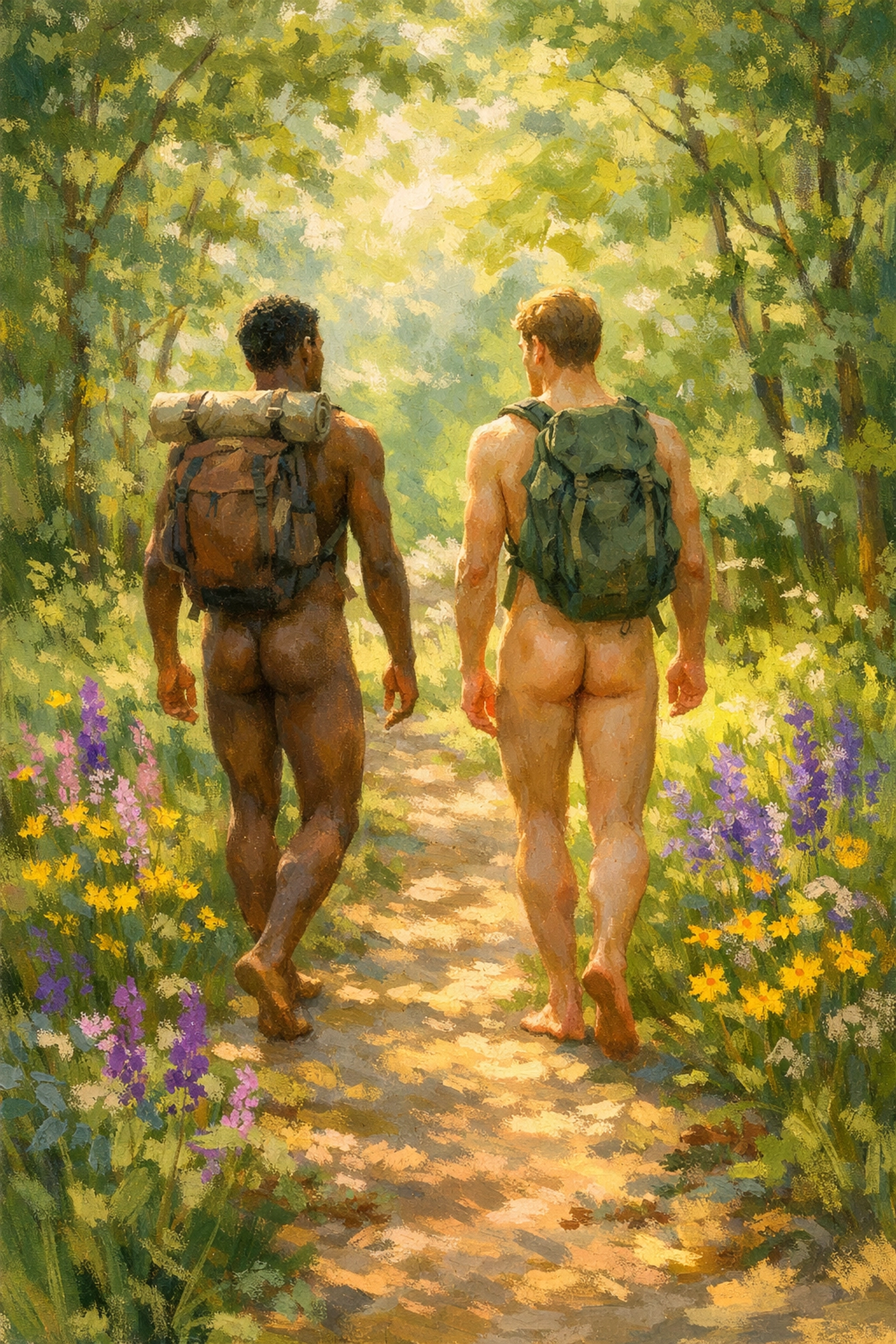 Gay men on naked nature hike through forest, celebrating body acceptance and freedom