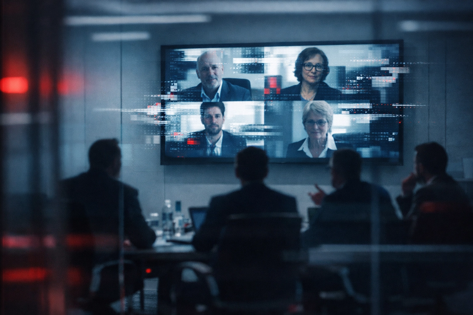 Corporate video conference with glitch effects showing deepfake fraud impersonating executives