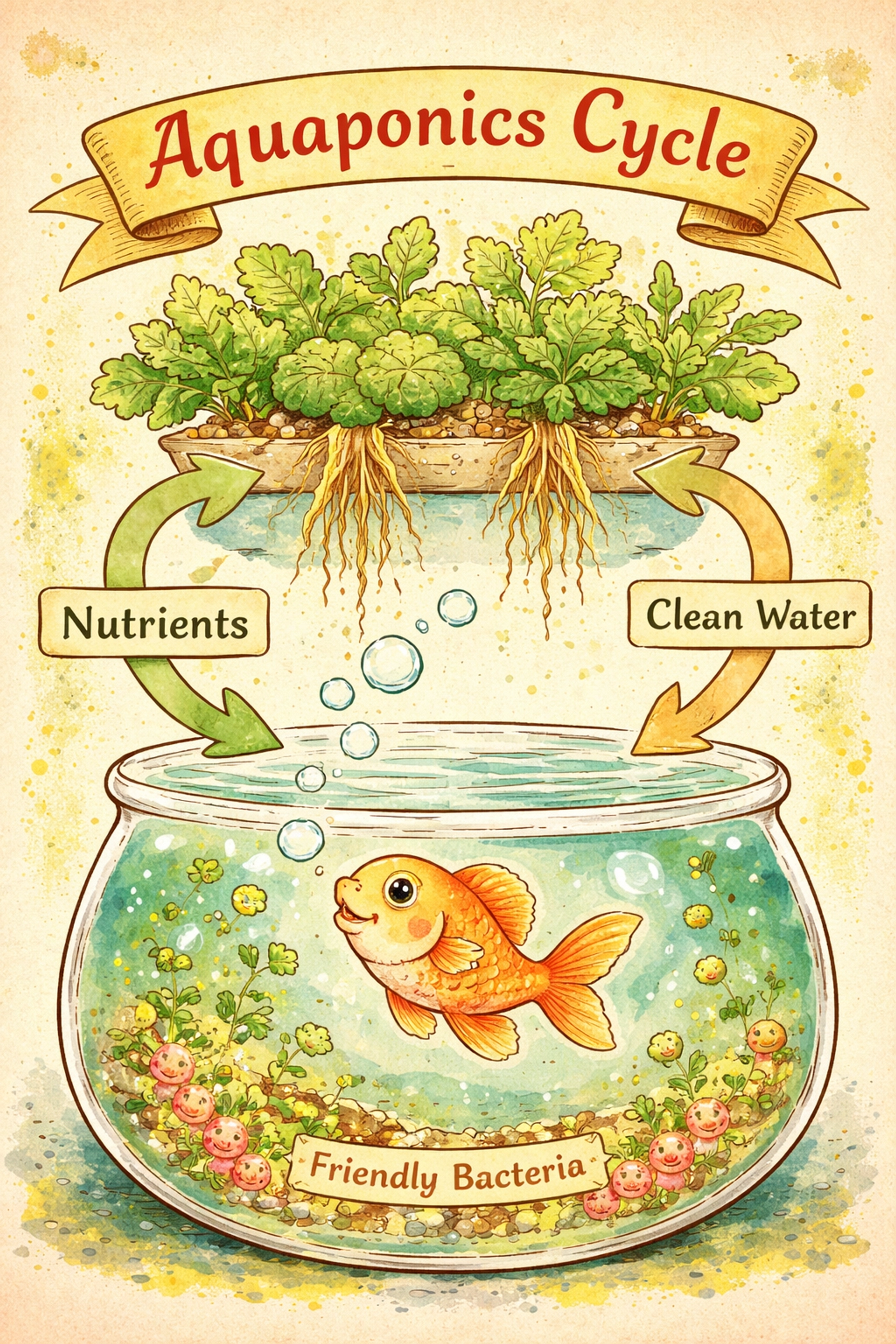 Aquaponics cycle illustration with a fish, plant roots, and bacteria showing how fish and plants grow together