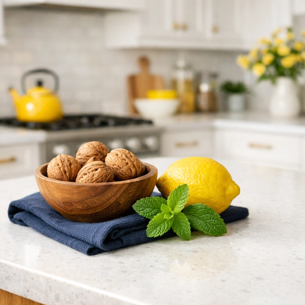 Eco-friendly cleaning supplies including walnuts and lemons on a modern kitchen counter.