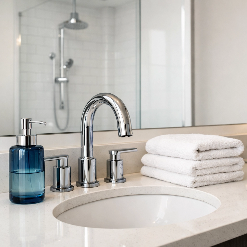 Sparkling clean luxury bathroom vanity, essential for getting a full security deposit back in Boston.
