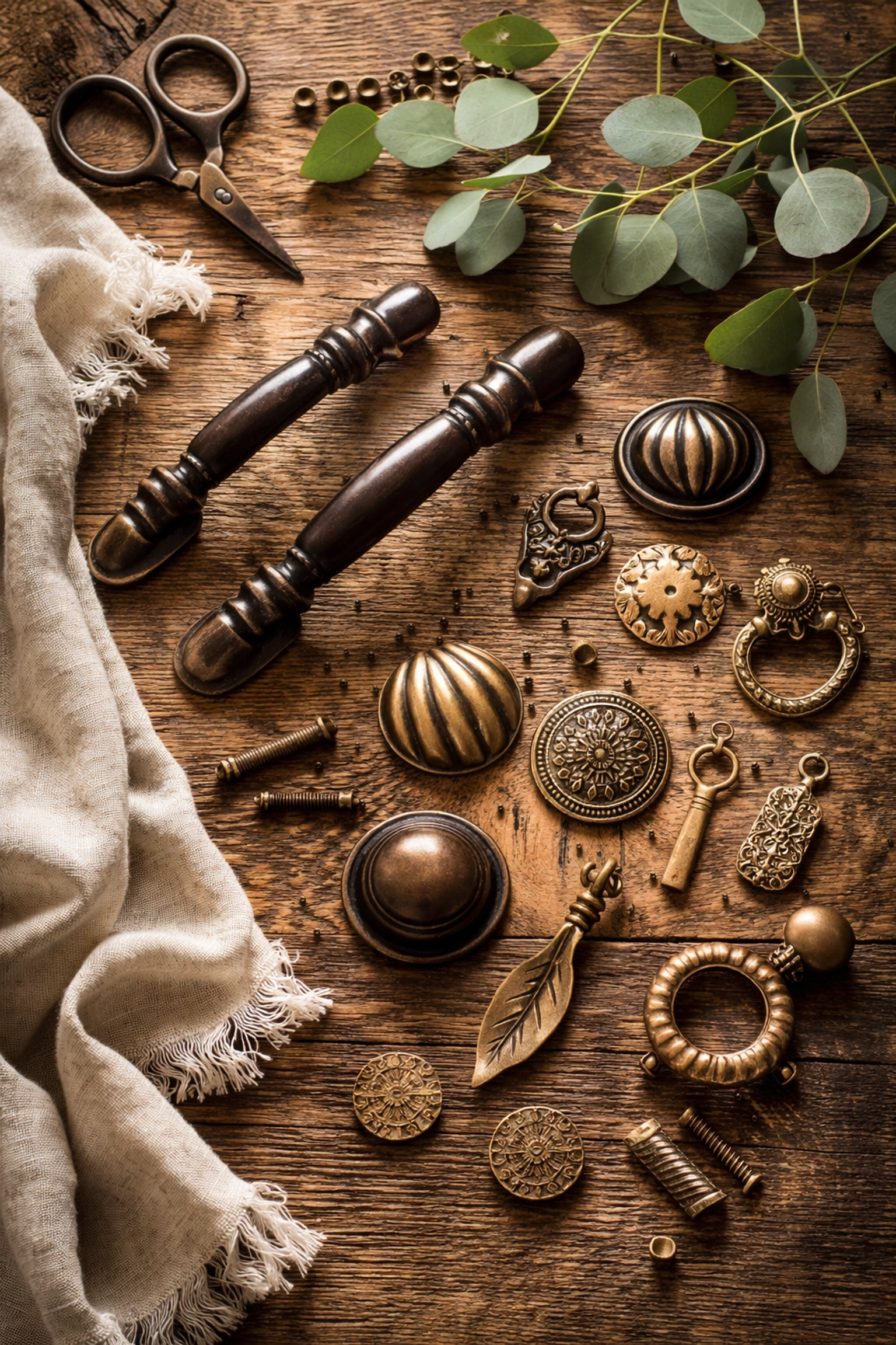 Overhead view of aged bronze hardware and brass accessories on a reclaimed wood table, highlighting patina textures for handcrafted home accessories