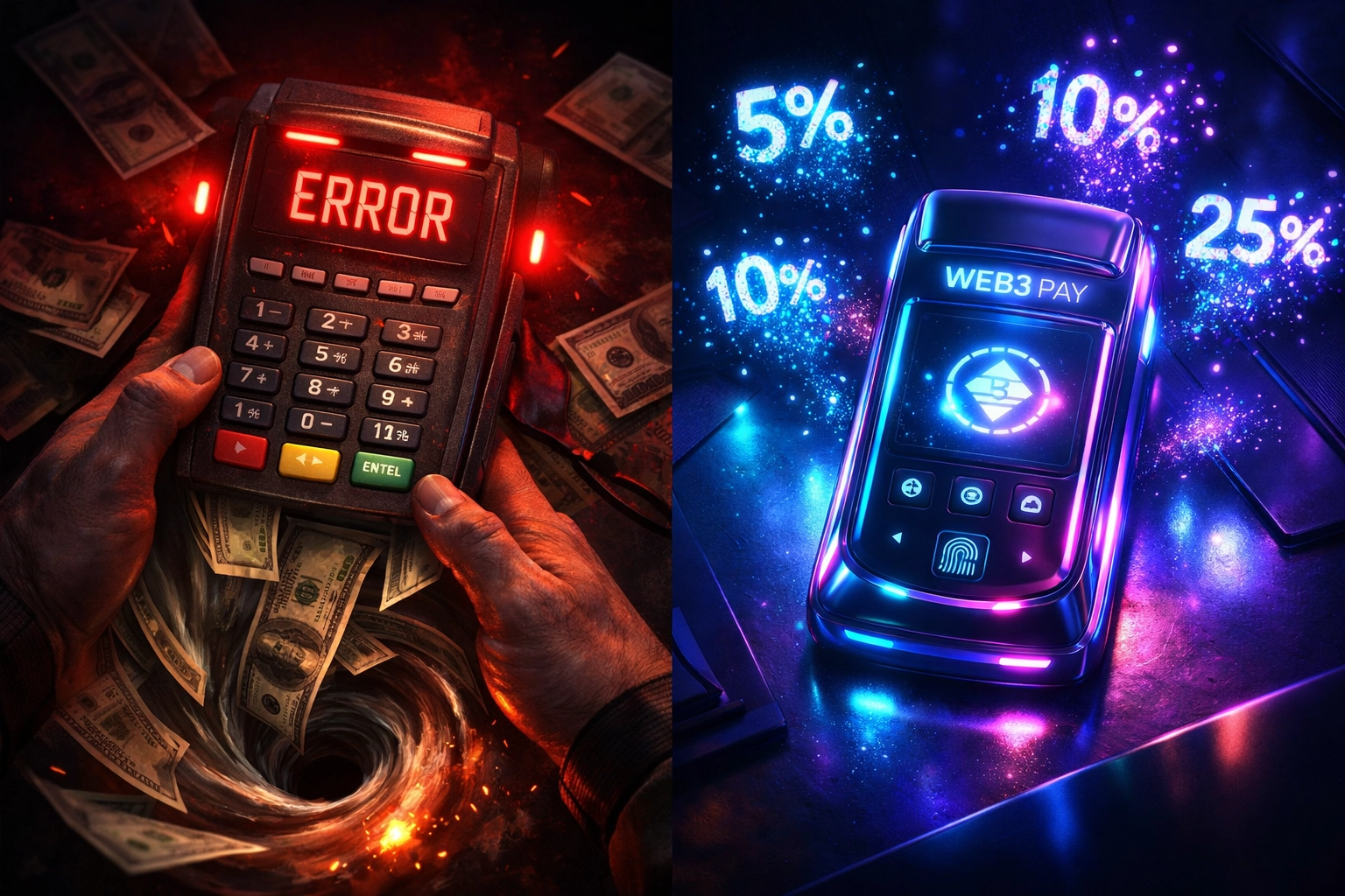 Traditional credit card terminal versus Web3 payment device showing high interchange fees being eliminated