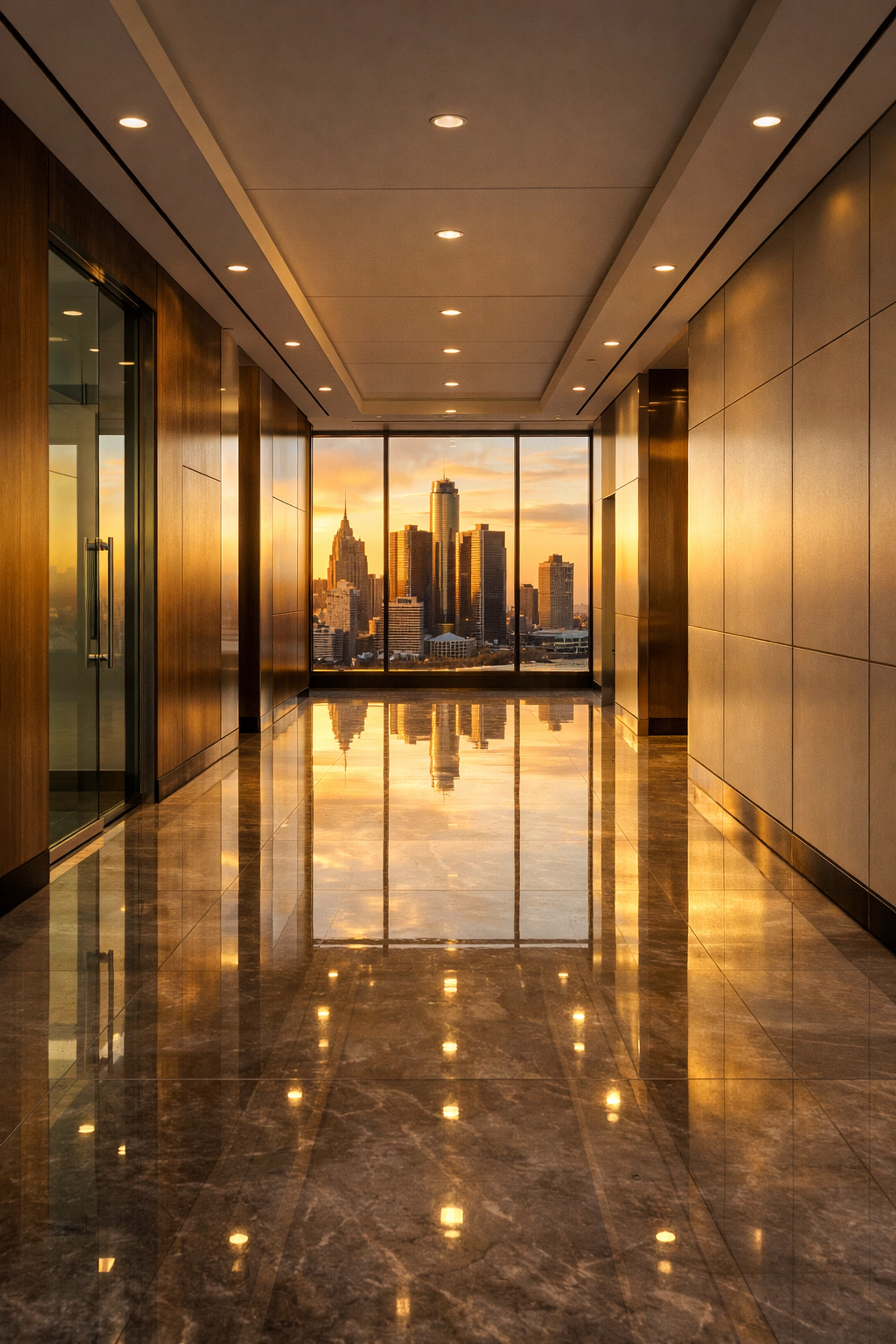 Clean corporate hallway in a Detroit skyscraper showing professional commercial cleaning results.