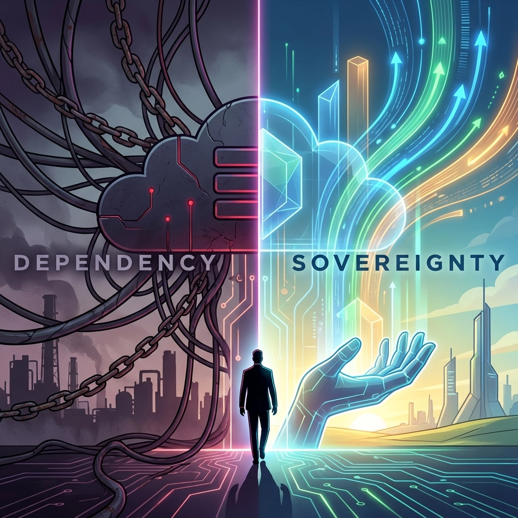 Illustration zum Wandel von digitaler Abhängigkeit hin zu souveräner KI-Kompetenz in deutschen Unternehmen