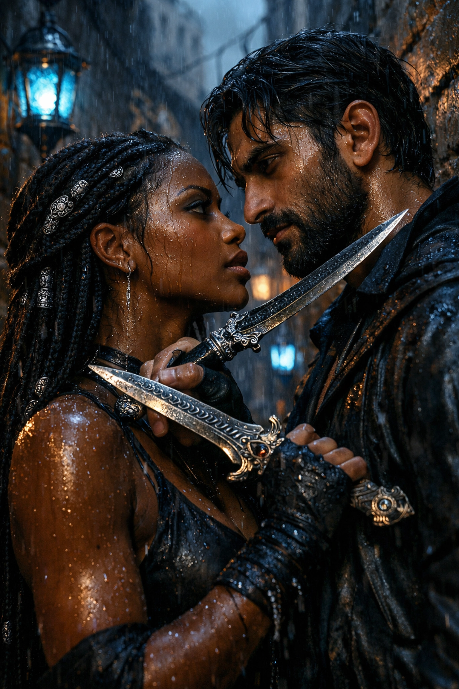 Fantasy romance enemies with daggers at their throats in a rainy alley, showing high-stakes tension.