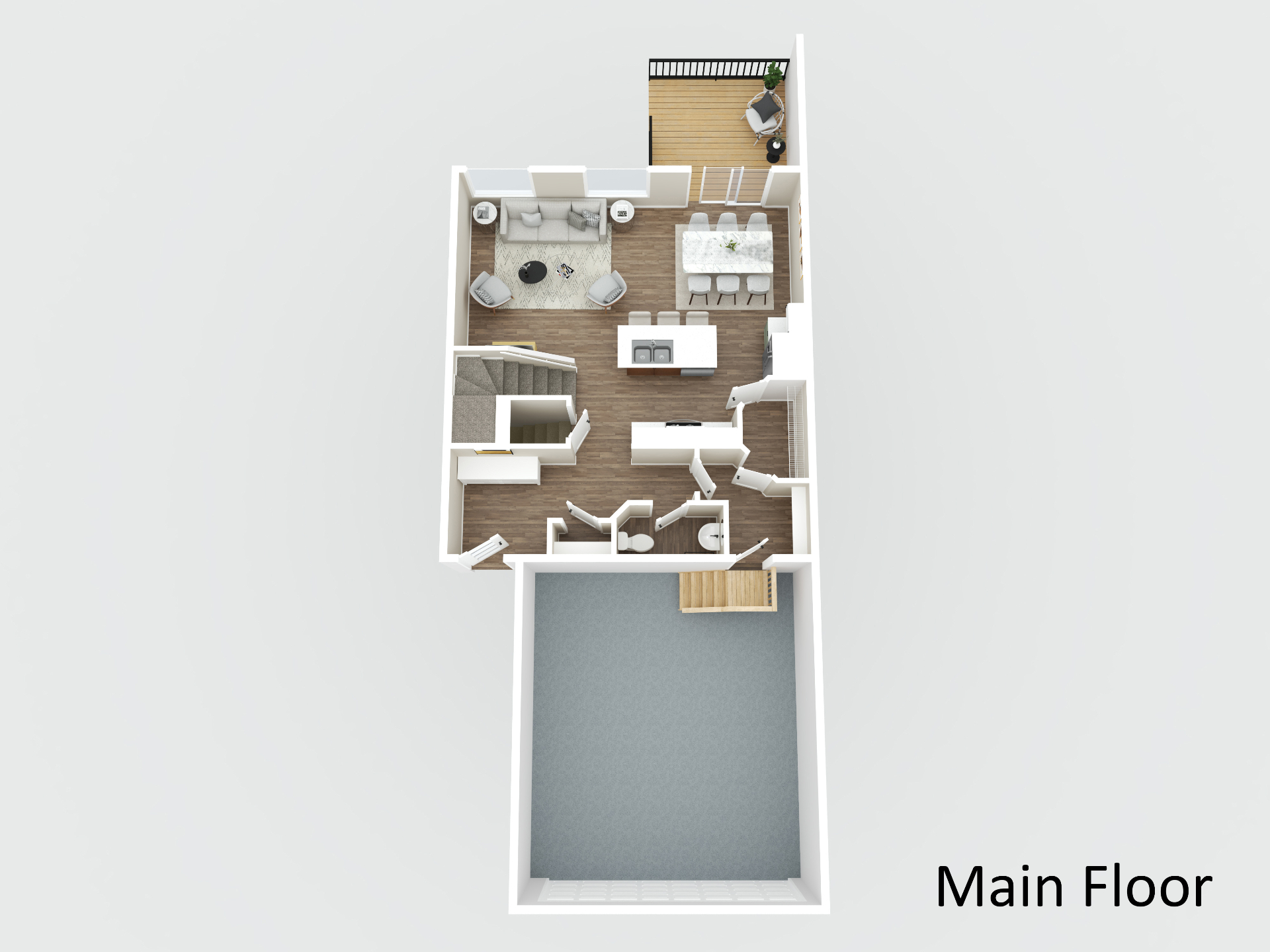 3D rendered floor plan of a home's main level Modern open-concept floor plan featuring a living room, kitchen with island seating, dining area, powder room, entryway, staircase, attached garage, and rear balcony. The space layout and furniture arrangement are clearly displayed for real estate marketing and virtual tour integration.