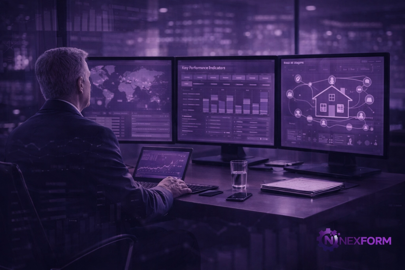 An estate agency director monitoring real-time property data and AI workflows in a digital nerve center.