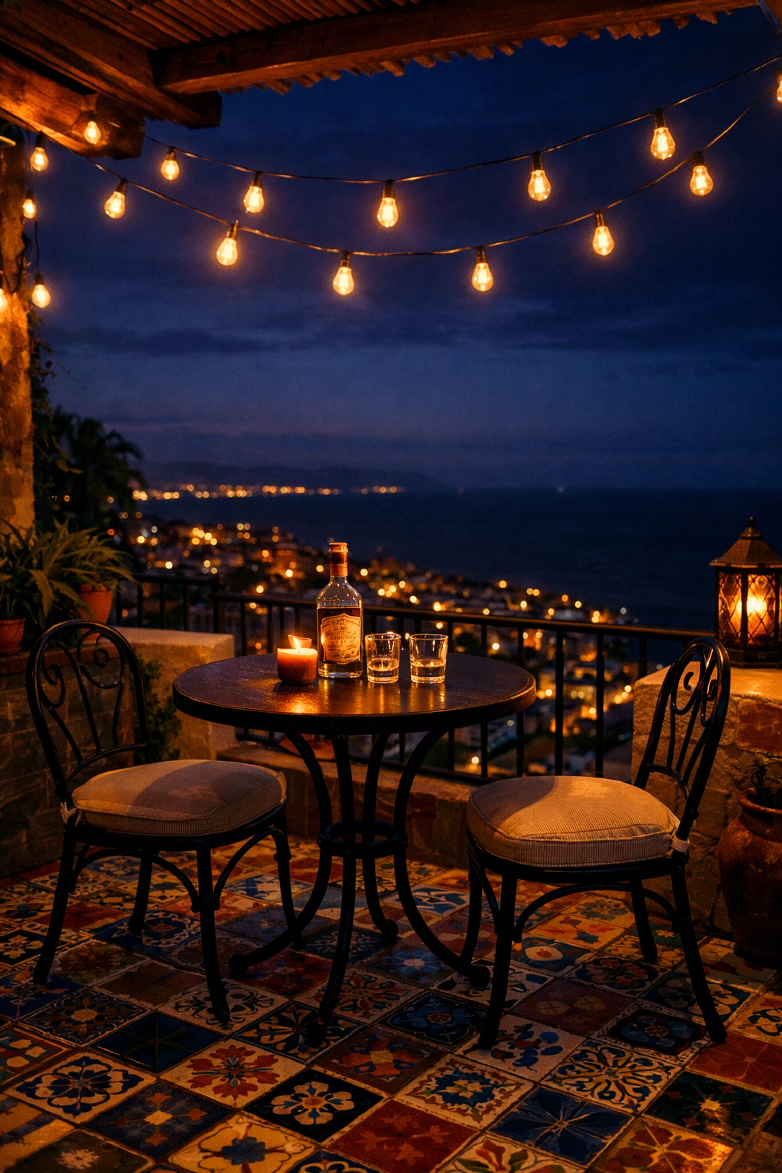 Romantic condo terrace in Puerto Vallarta with city lights and ocean views at night