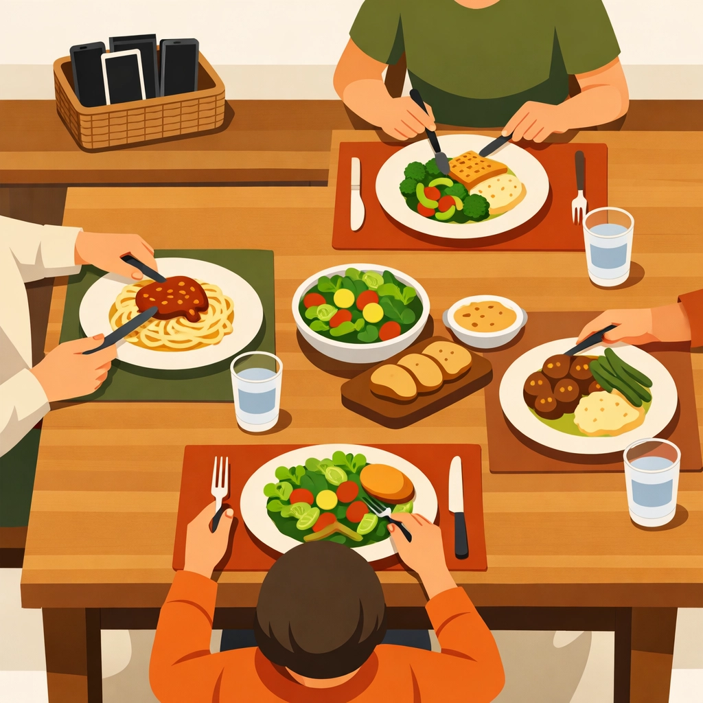 Family dinner table with smartphones stored away in charging station