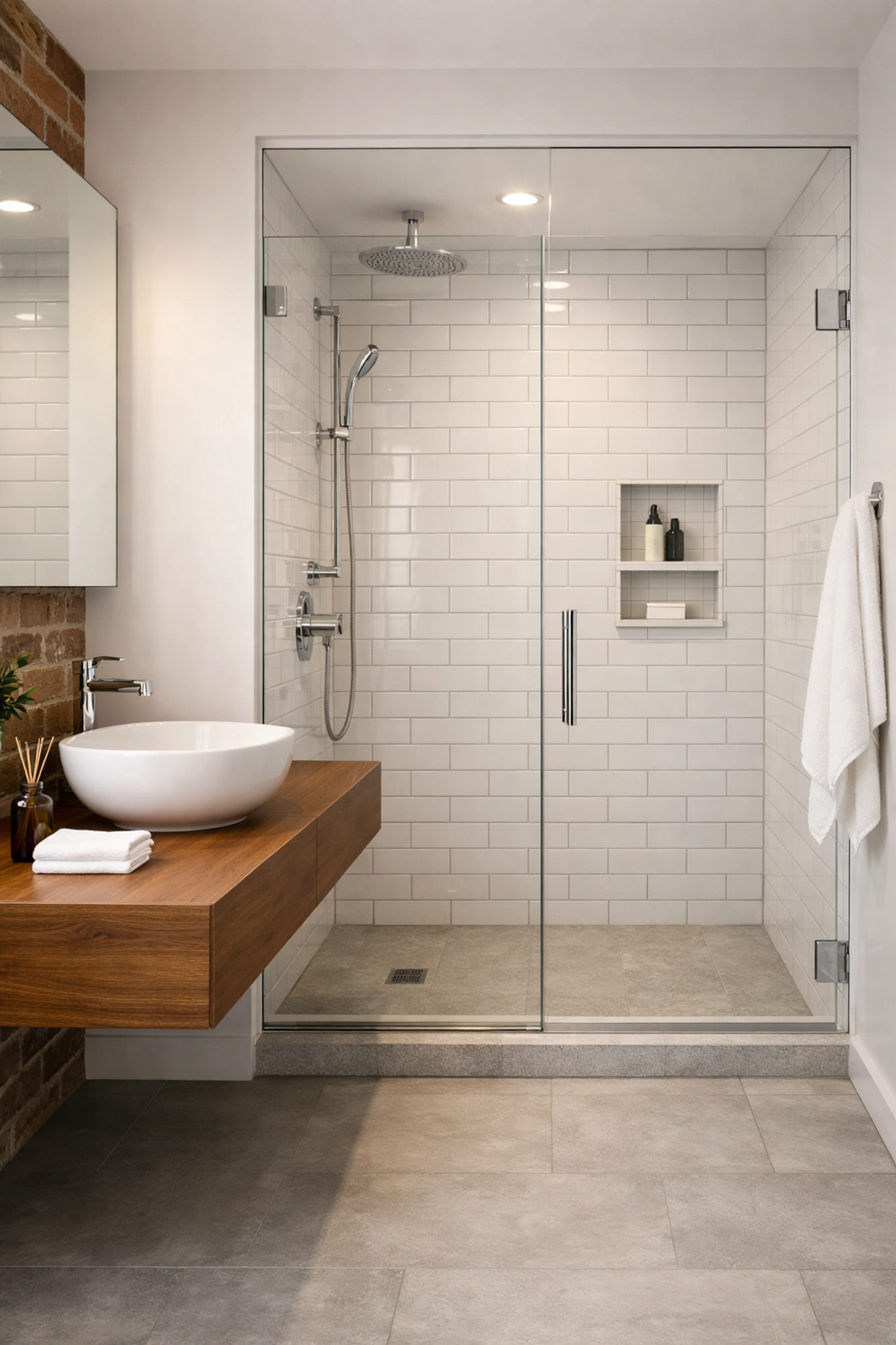 Move-in ready Detroit loft bathroom with pristine subway tiles and a spotless glass shower door.