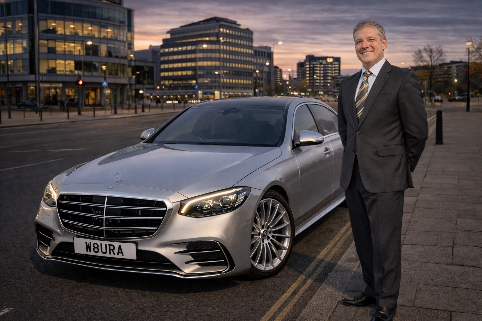 Professional chauffeur in Nottingham standing by a luxury silver Mercedes-Benz S-Class for an airport transfer.