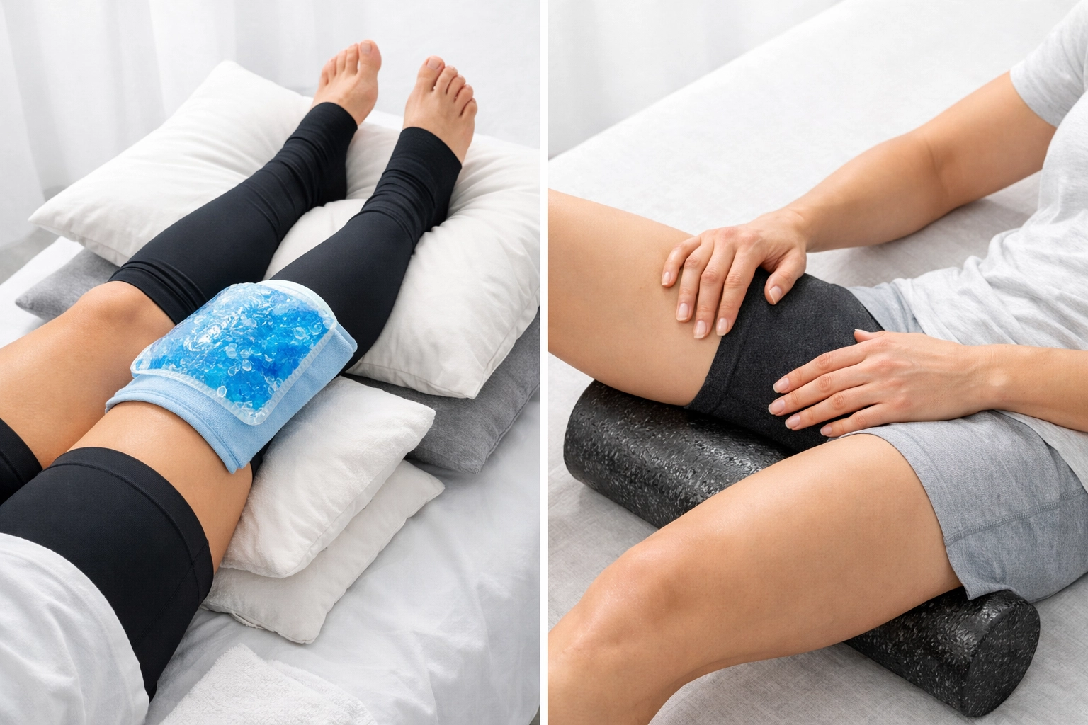 Sports injury recovery showing rest with ice pack and foam rolling exercise