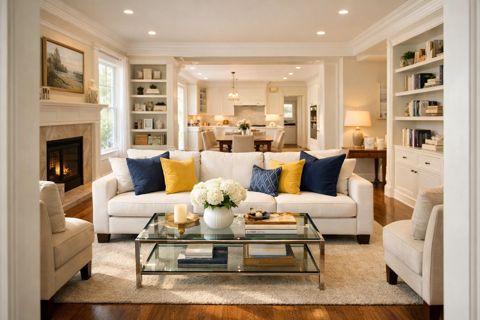 Sun-drenched and organized luxury living room in Sudbury, MA after a premium home cleaning service.