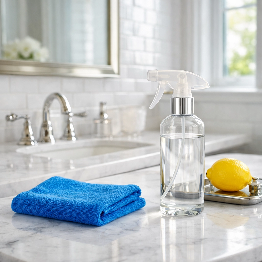 Professional deep cleaning services for a Wellesley luxury bathroom with a spotless marble vanity and cleaning tools.