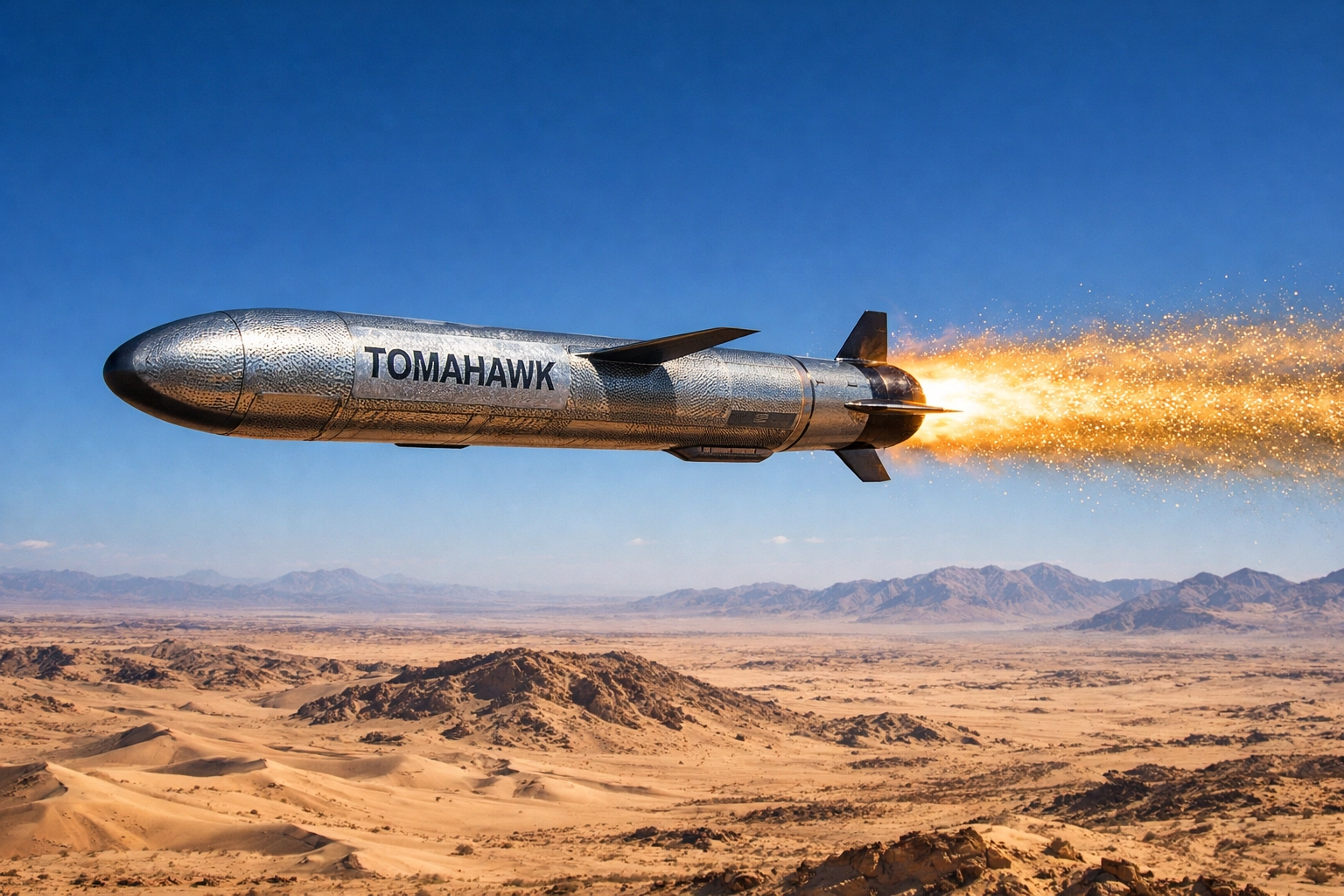 Tomahawk cruise missile with money patterns flying over a desert, illustrating high military spending costs.