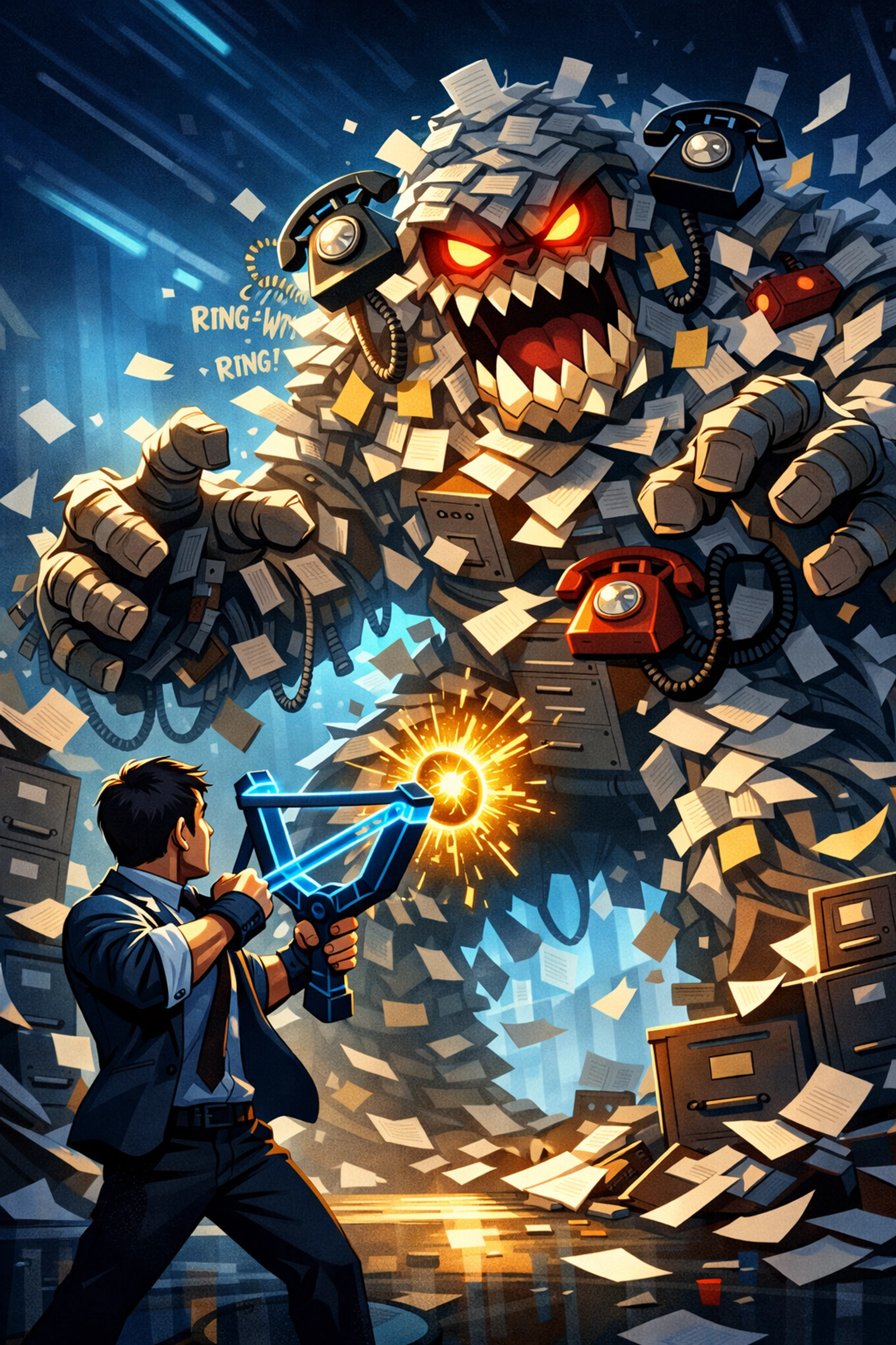 A business owner using a digital automation slingshot to defeat a monster made of paperwork and busy work.