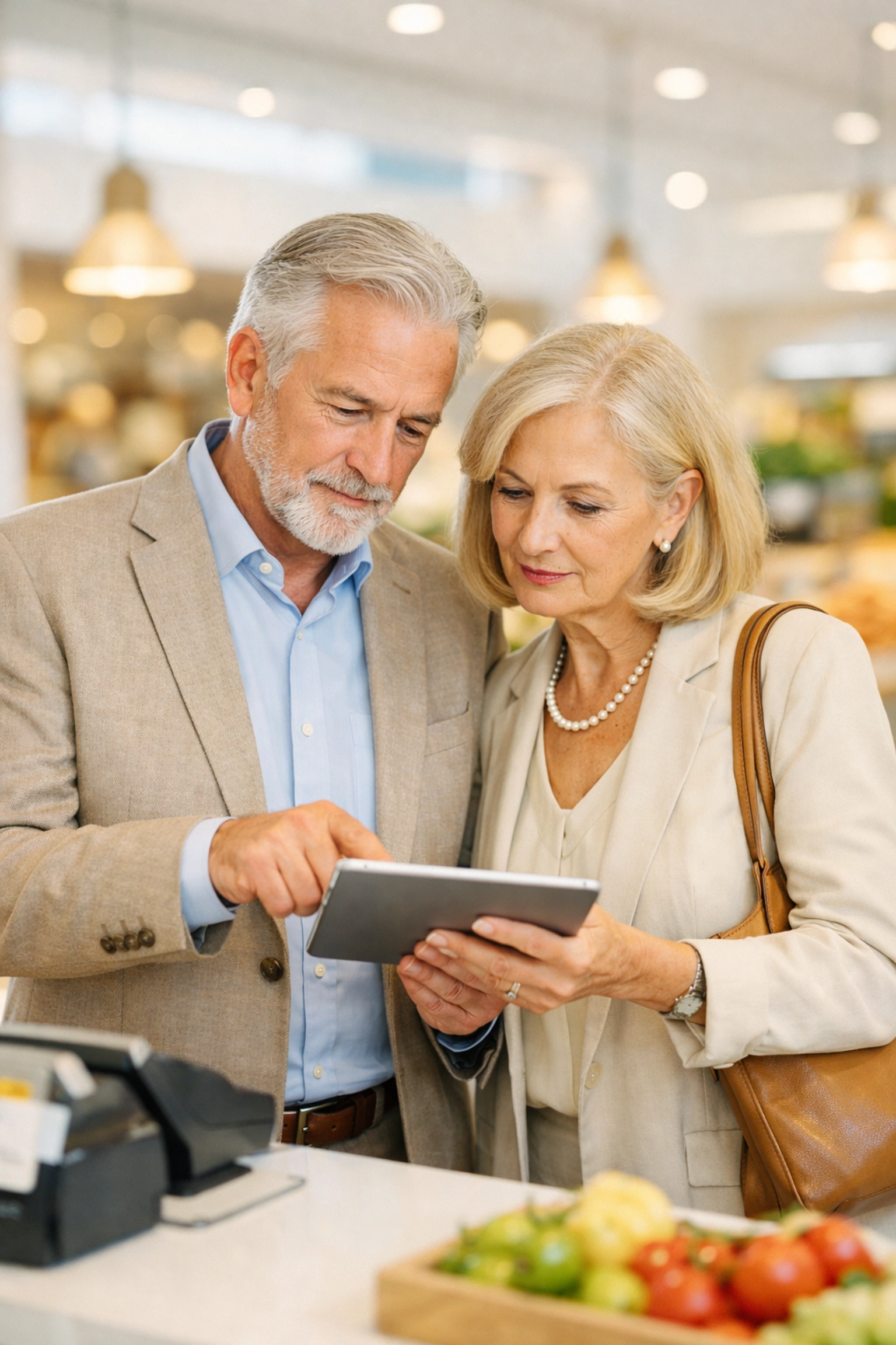 Retired couple in Wesley Chapel reviewing shopping costs for inflation-focused retirement planning.
