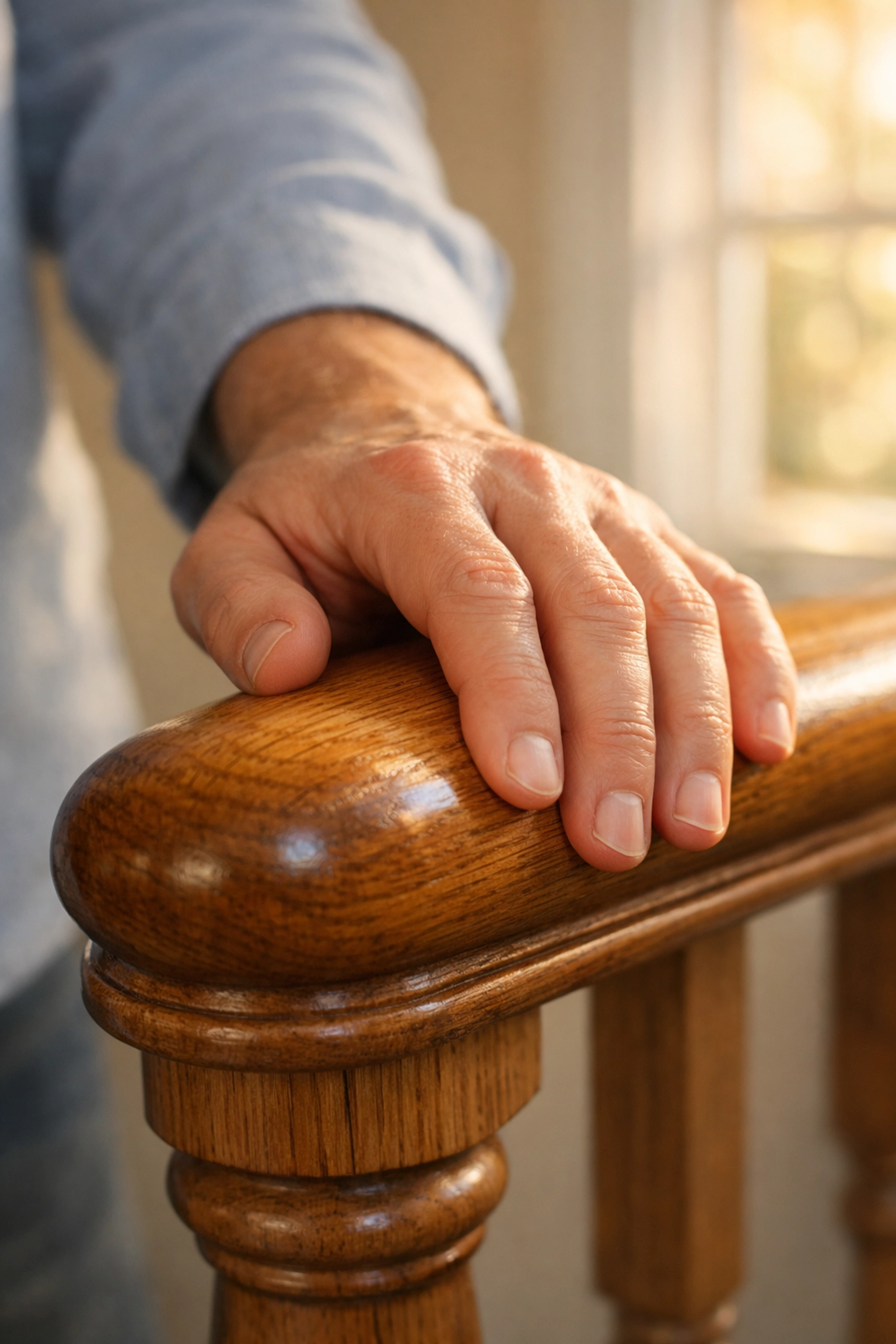 A person’s hand firmly gripping a wooden handrail for stability and fall prevention on a staircase.