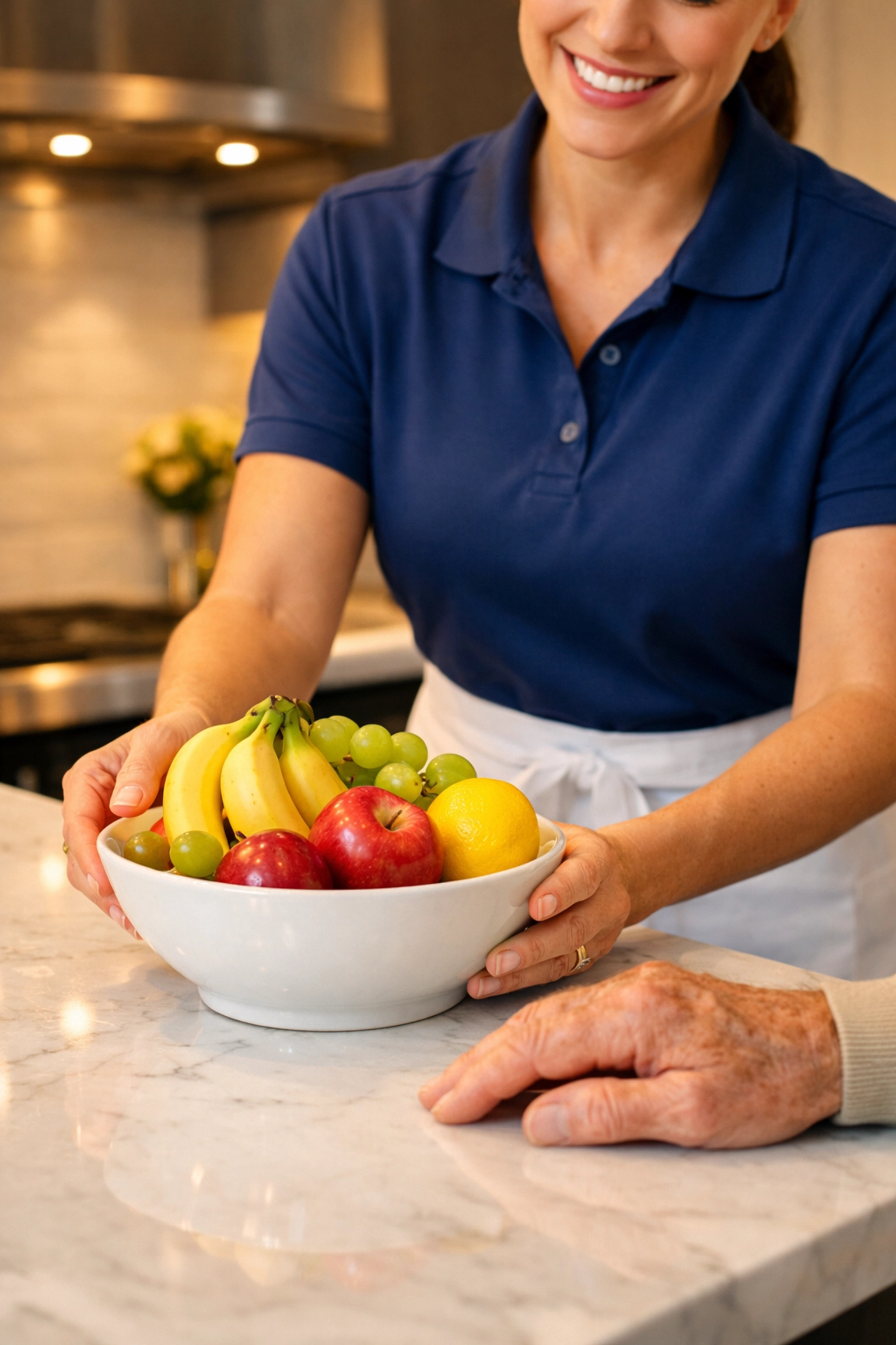 Professional cleaning service provider assisting a senior in a clean, bright Lunenburg kitchen.