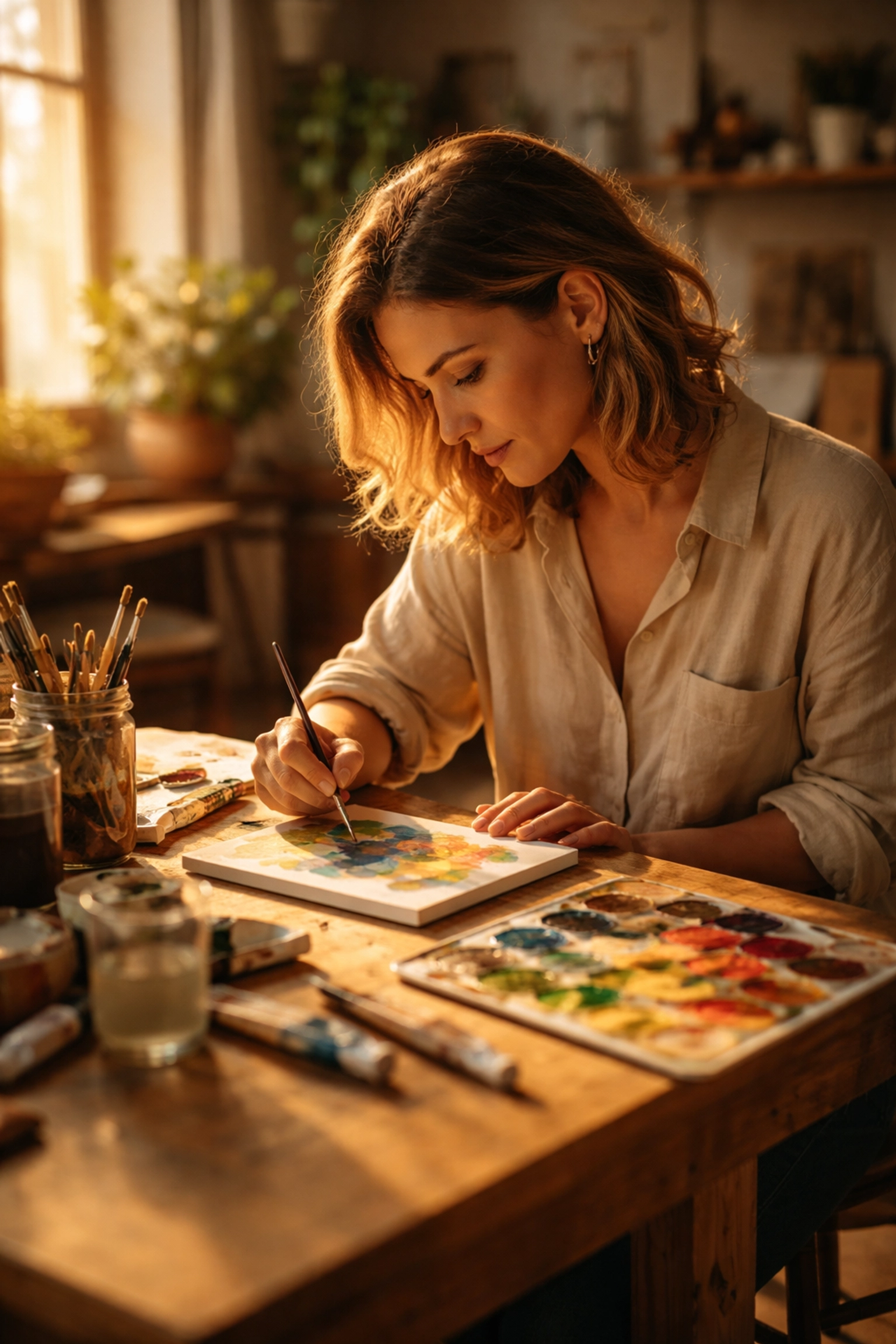 Woman focused on painting in a cozy studio, illustrating personal creative flow and mindfulness