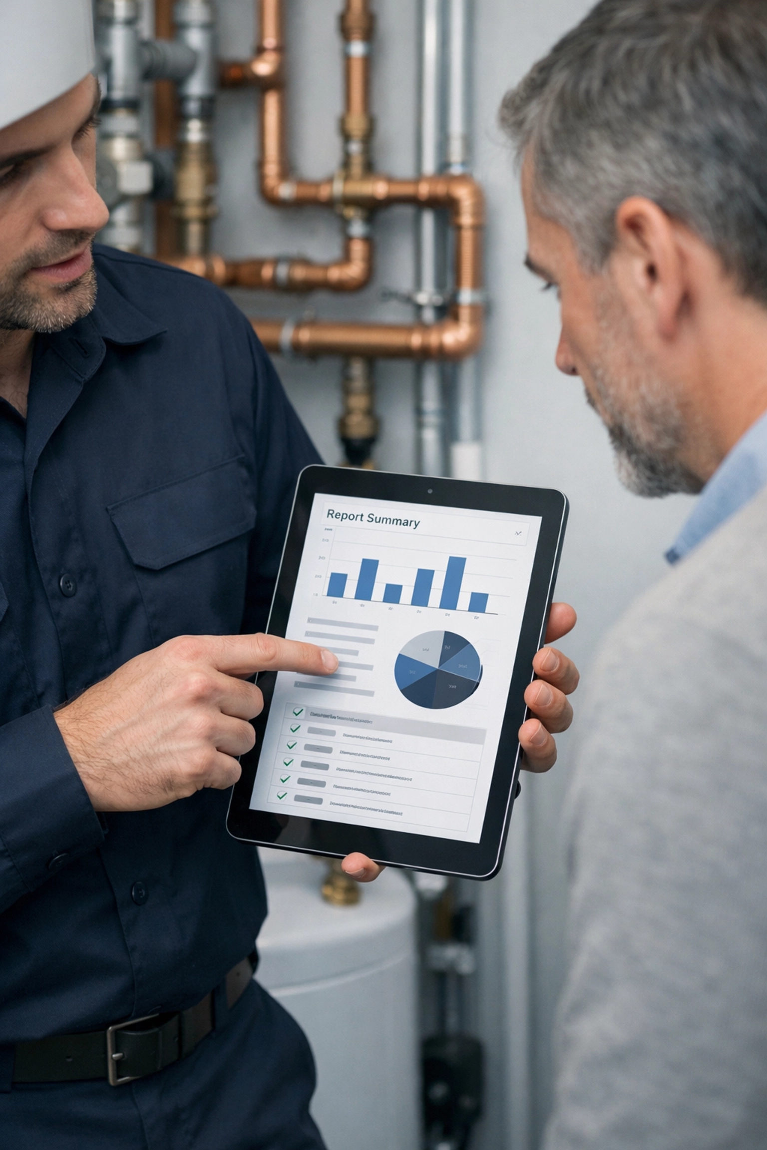 Service technician showing digital reports to a homeowner in a North Carolina residential setting.