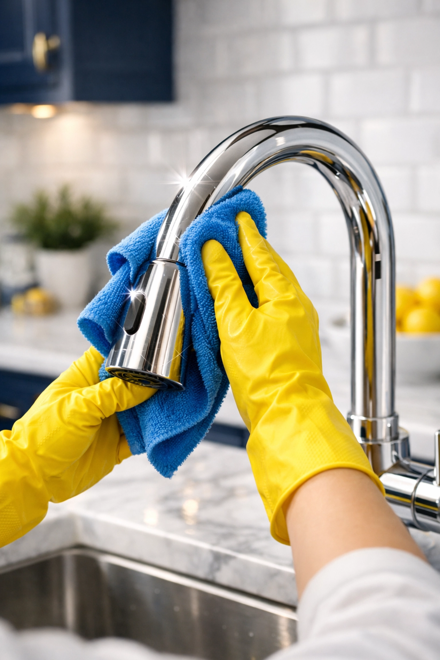Professional cleaner scrubbing a polished kitchen faucet as part of a deep cleaning service in Westford and Littleton.