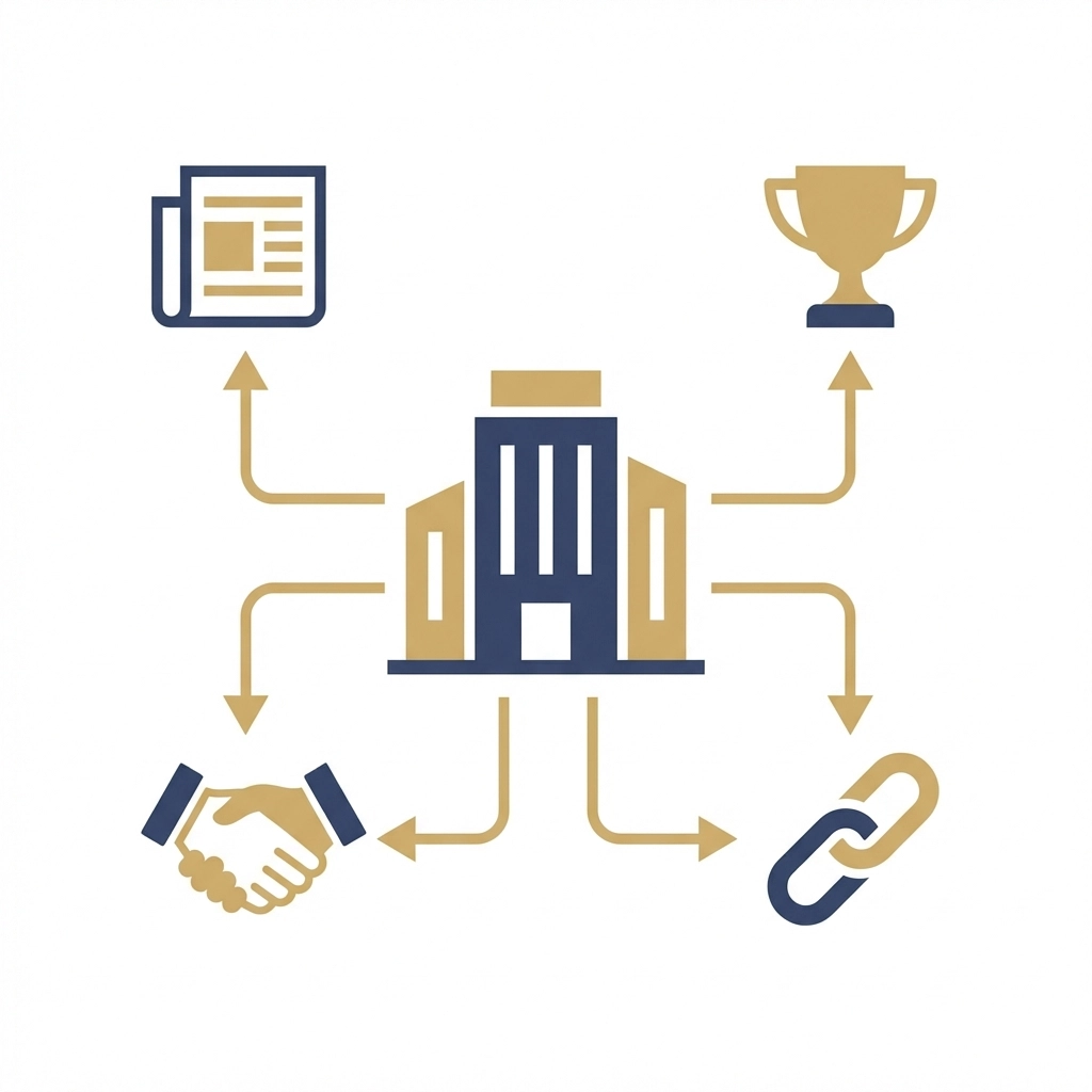 Central business building surrounded by icons for news, awards, partnerships, and backlinks, depicting local business authority in search rankings.
