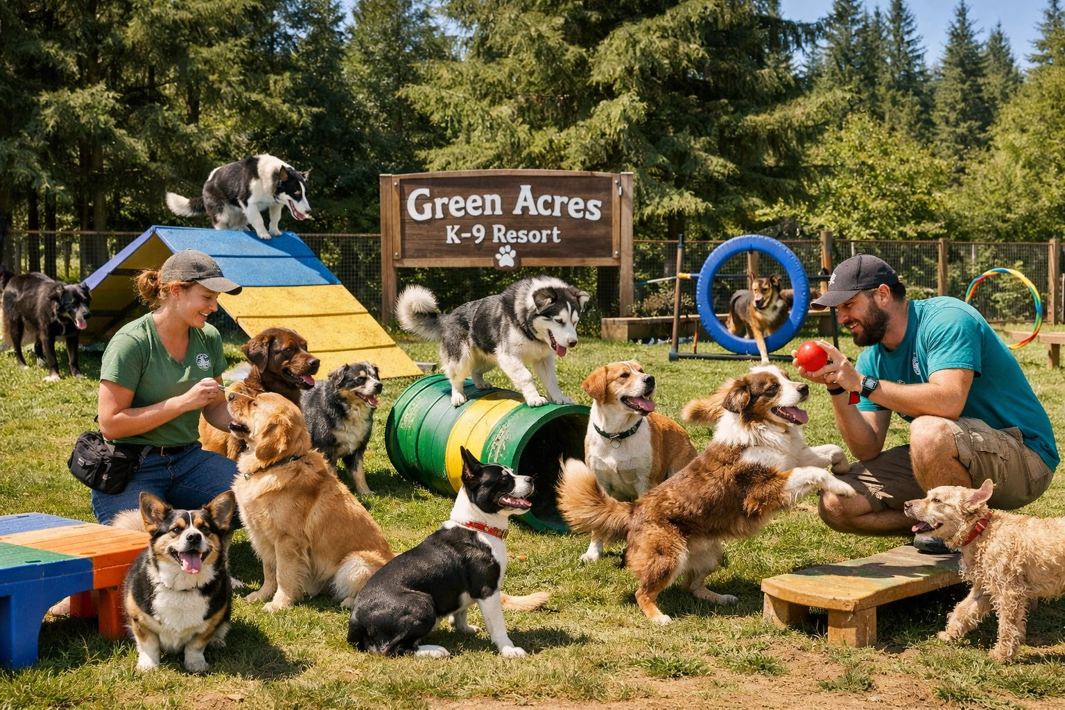 Dogs engaged in holistic daycare activities combining physical, mental, and social enrichment