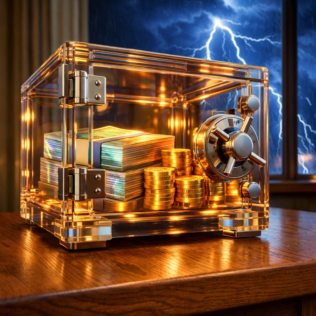 A secure glass safe protecting cash from a digital storm, representing a stable investment emergency fund.