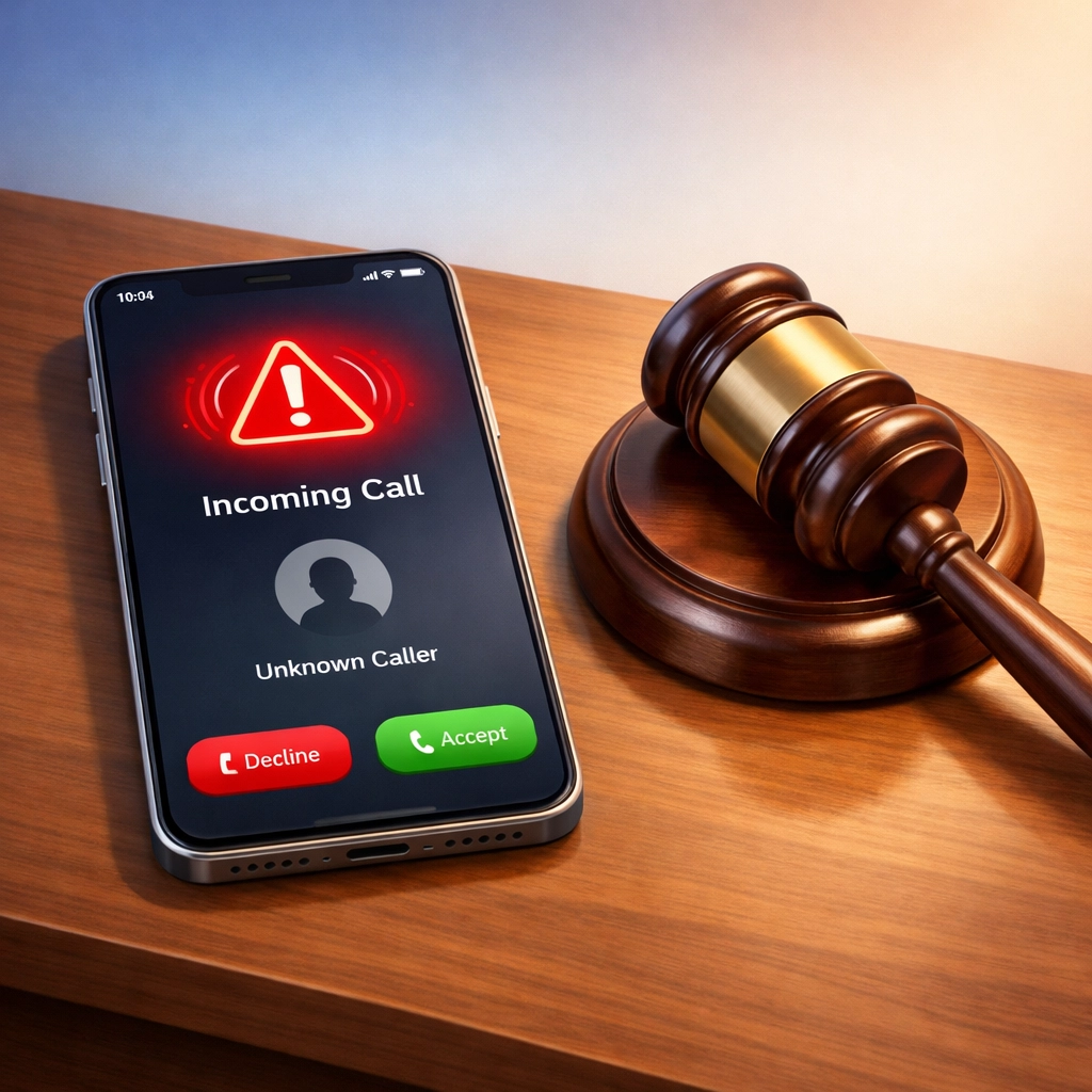 AI receptionist urgent call alert on smartphone next to gavel for litigation law firm