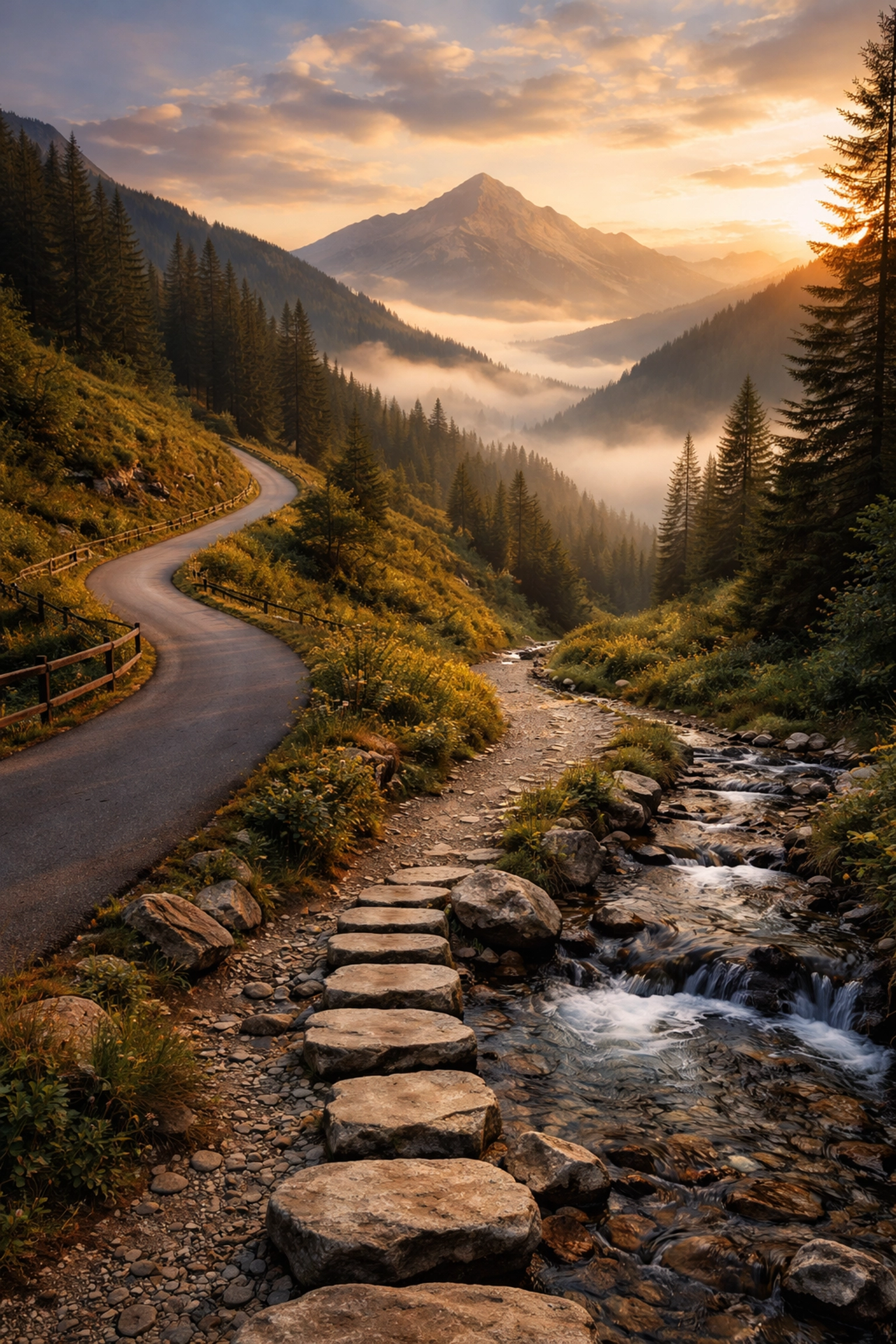 Mountain path crossing multiple terrains, symbolizing the step-by-step journey to building a diversified portfolio.