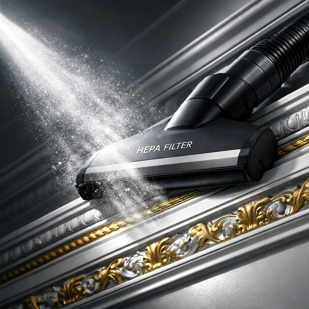 Industrial HEPA vacuum removing fine construction dust from ornate crown molding in a new home.